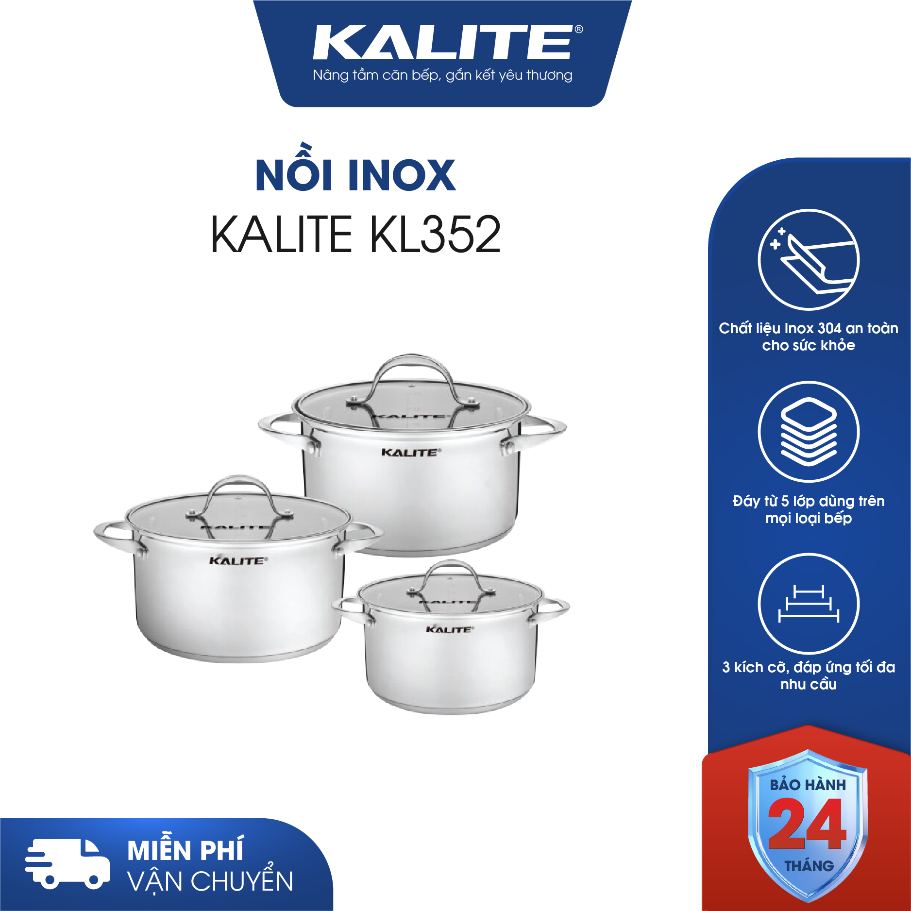 Nồi KALITE KL352 inox đáy từ 5 lớp dùng trên mọi loại bếp
