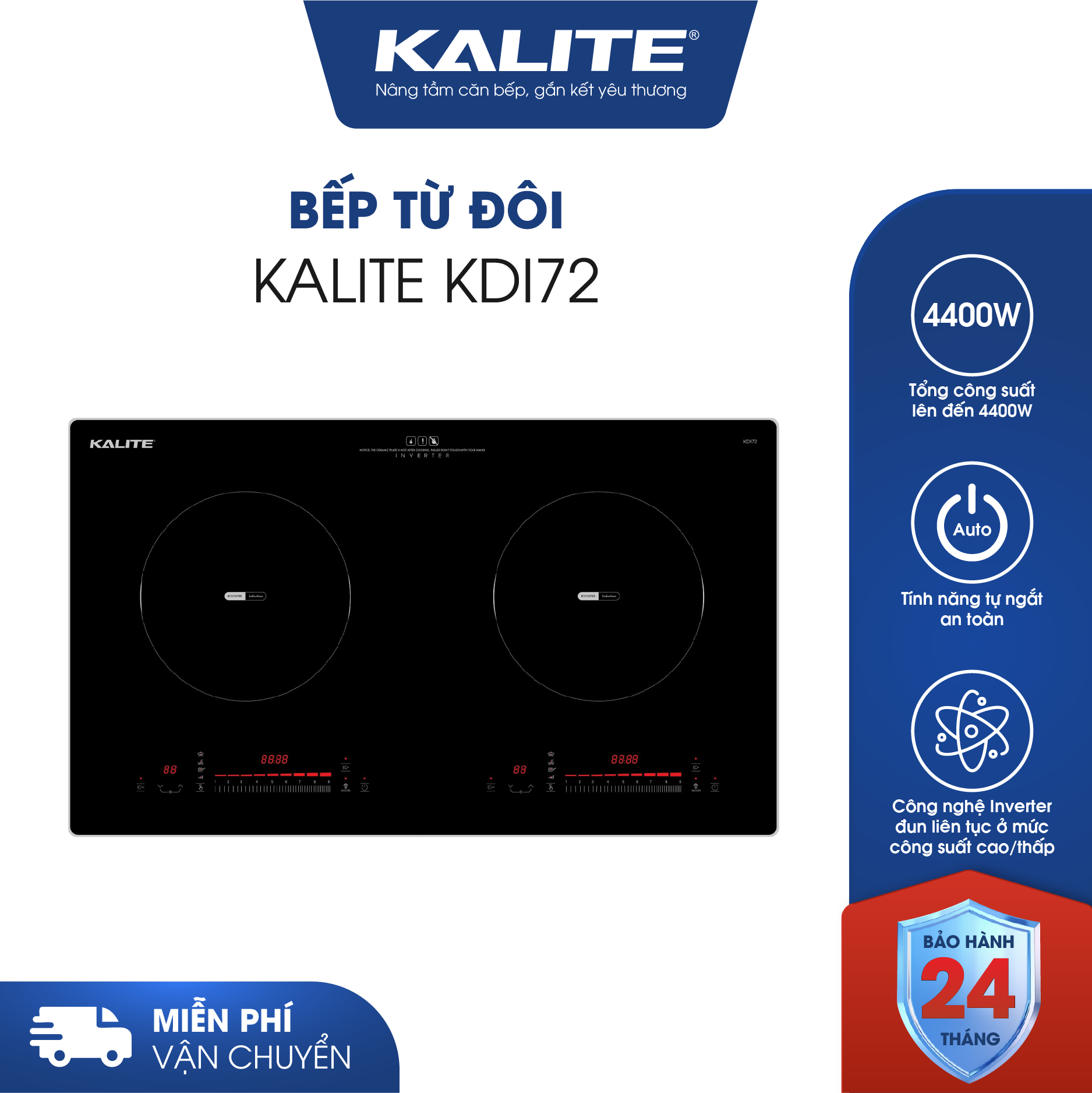 Bếp từ đôi KALITE KDI72 mặt kính sang trọng an toàn dễ vệ sinh