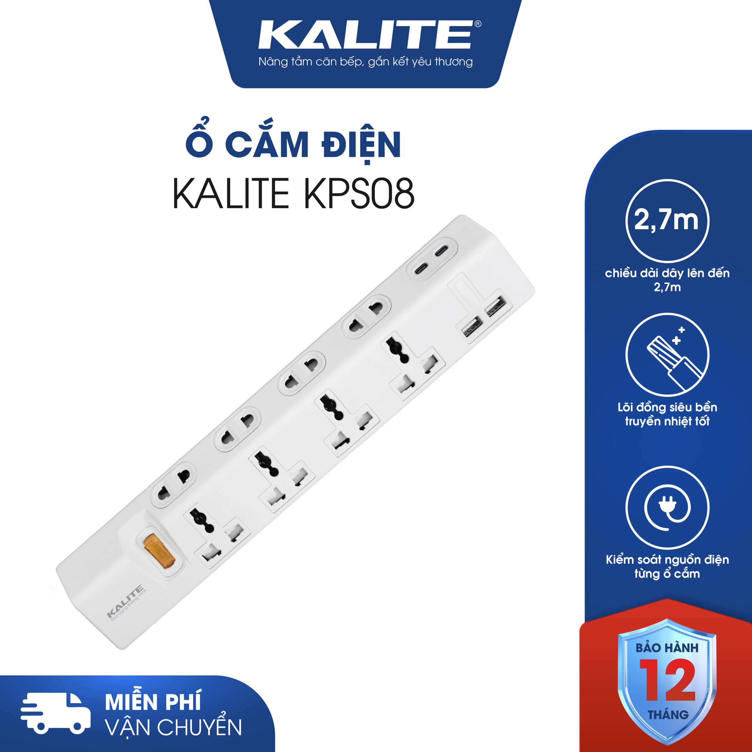 Ổ cắm điện thông minh KALITE KPS08 TÍCH HỢP USB TYPE C, TYPE A