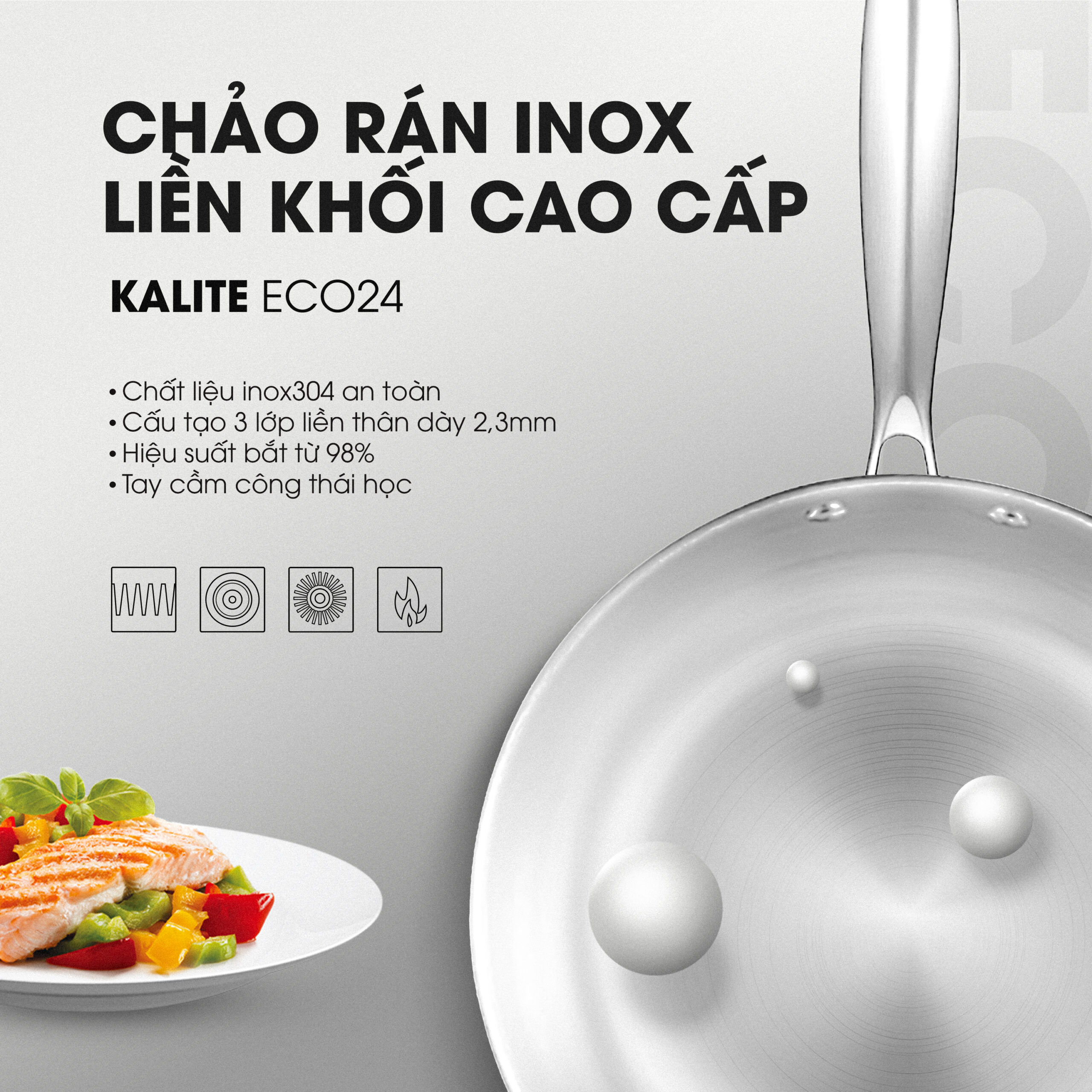 Chảo rán inox liền khối cao cấp KALITE ECO24, inox 304, đáy 3 lớp - Ảnh 2