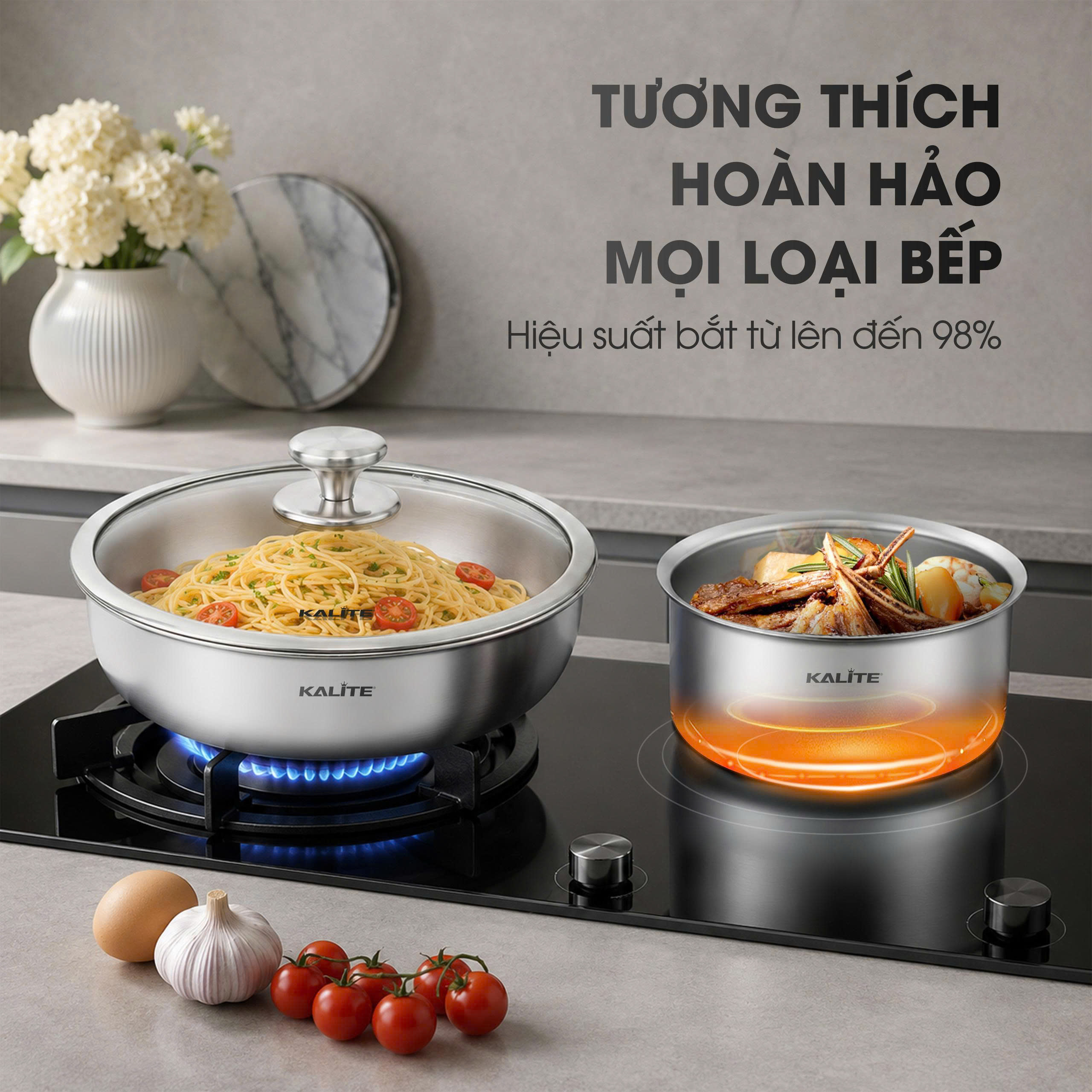 Bộ nồi chảo inox liền khối cán rời Kalite Lumia KCS568 công nghệ vân vảy cá - Ảnh 6