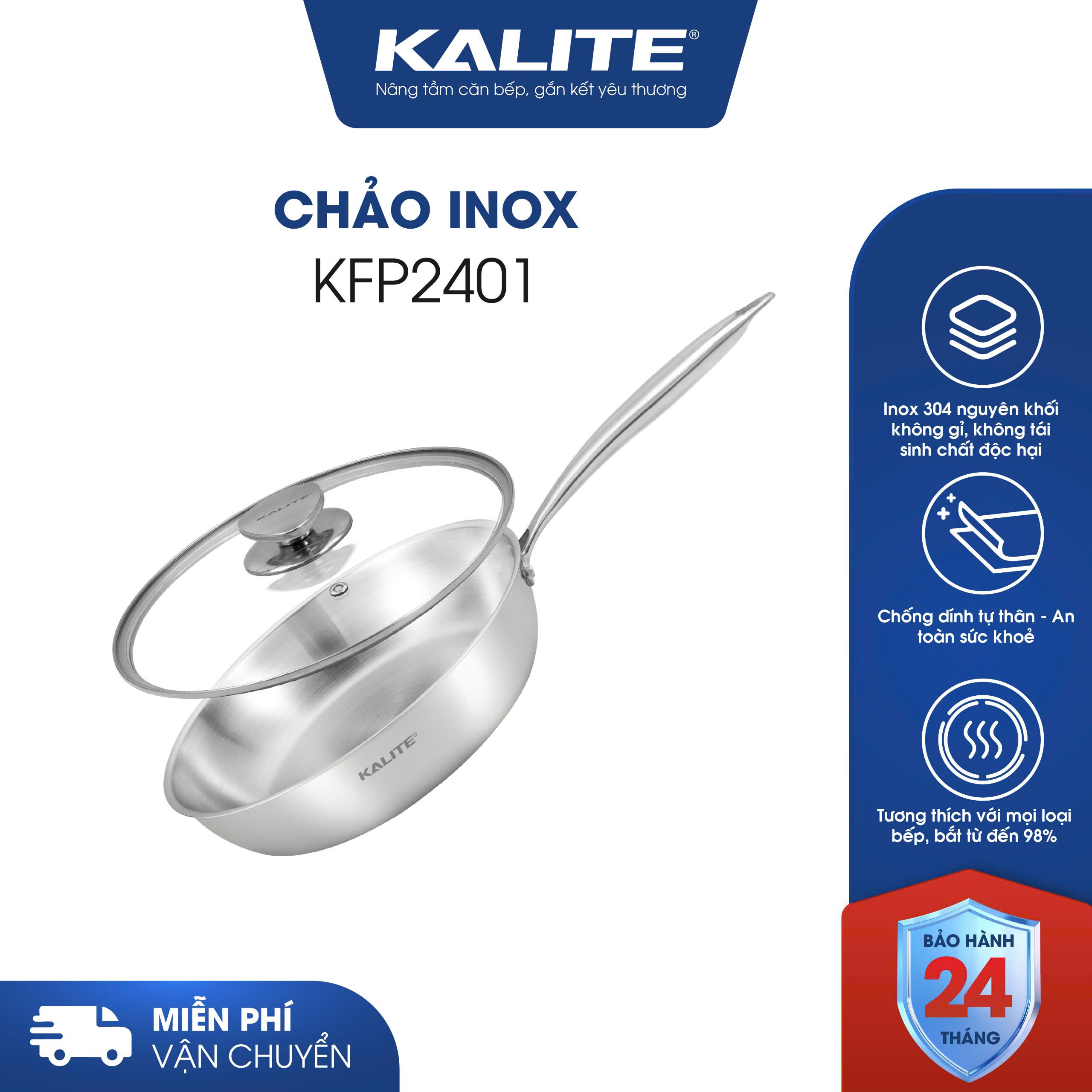 Chảo rán inox liền khối KALITE KFP2401 - Vung kính chịu lực
