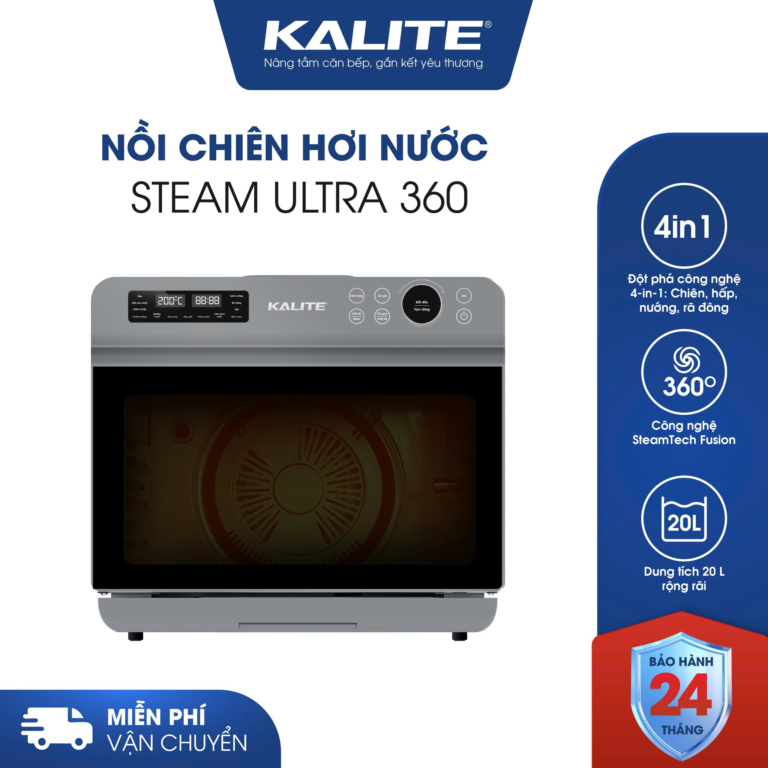 Nồi chiên hơi nước KALITE STEAM ULTRA 360, 20l, 4in, công nghệ SteamTech Fusion 360