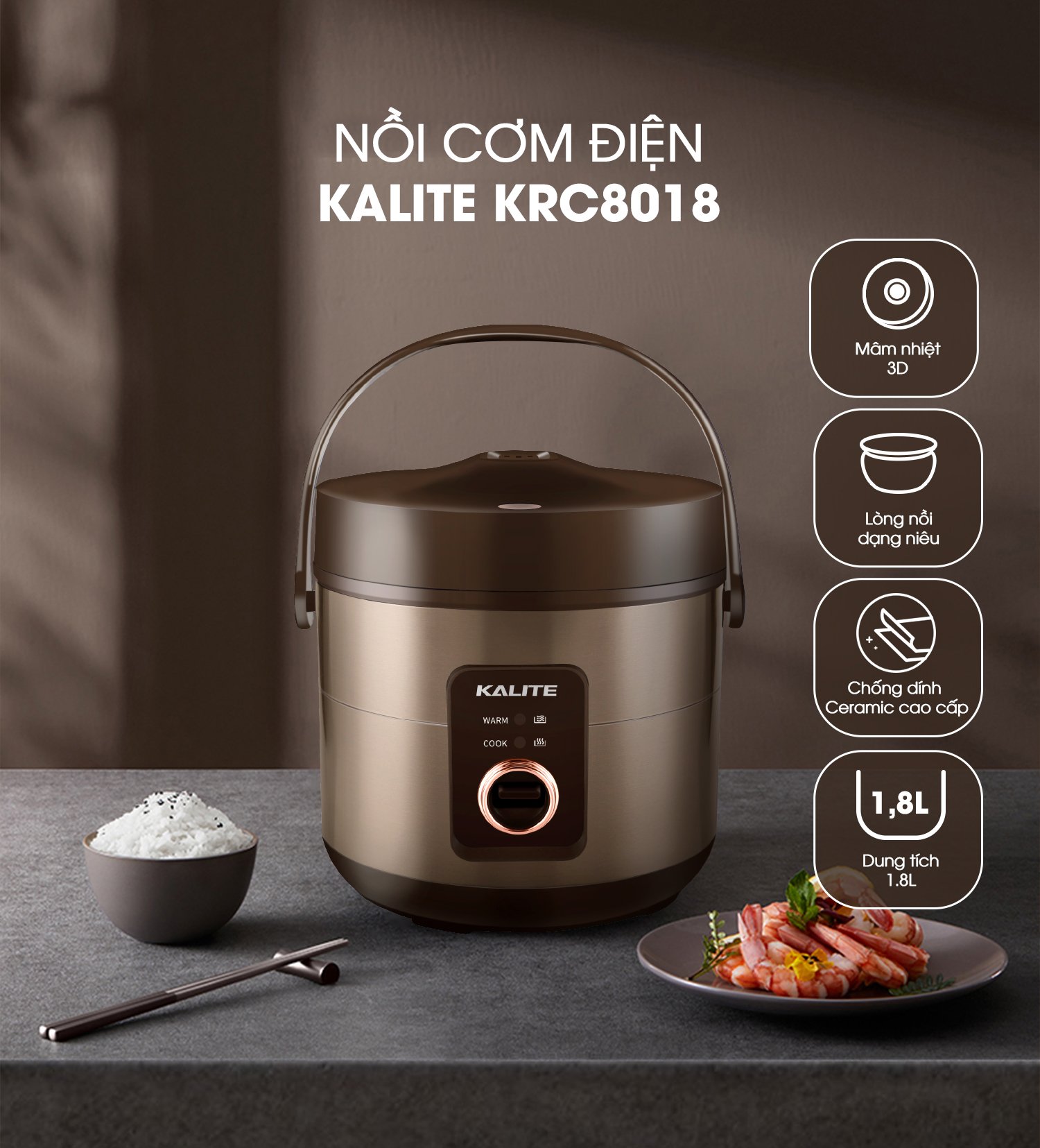 Nồi cơm điện KALITE KRC8018 lòng gốm Ceramic chống dính chống xước - Ảnh 3