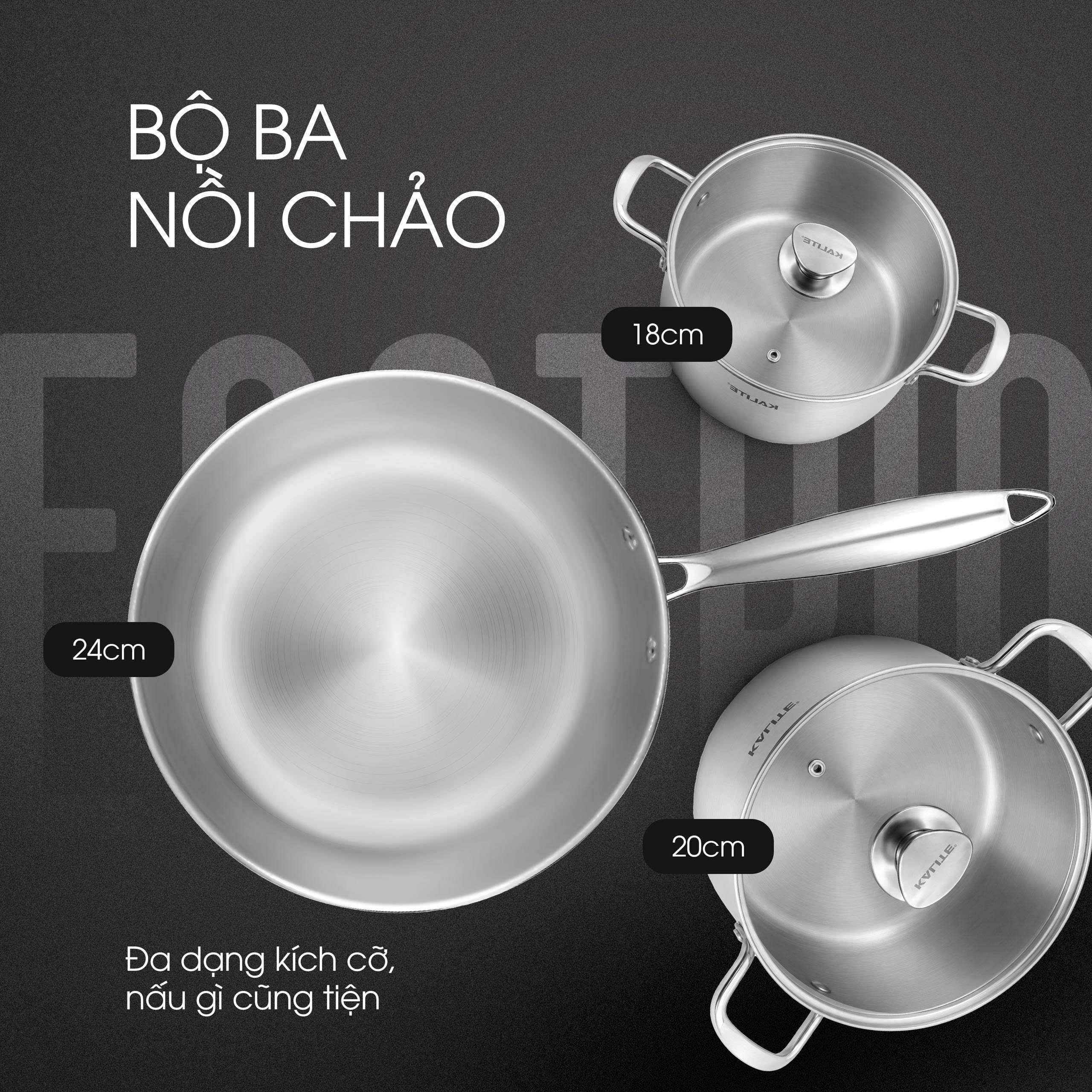 Bộ nồi chảo inox liền khối KALITE ECO Trio, inox 304 an toàn ,3 lớp bắt từ tốt - Ảnh 2
