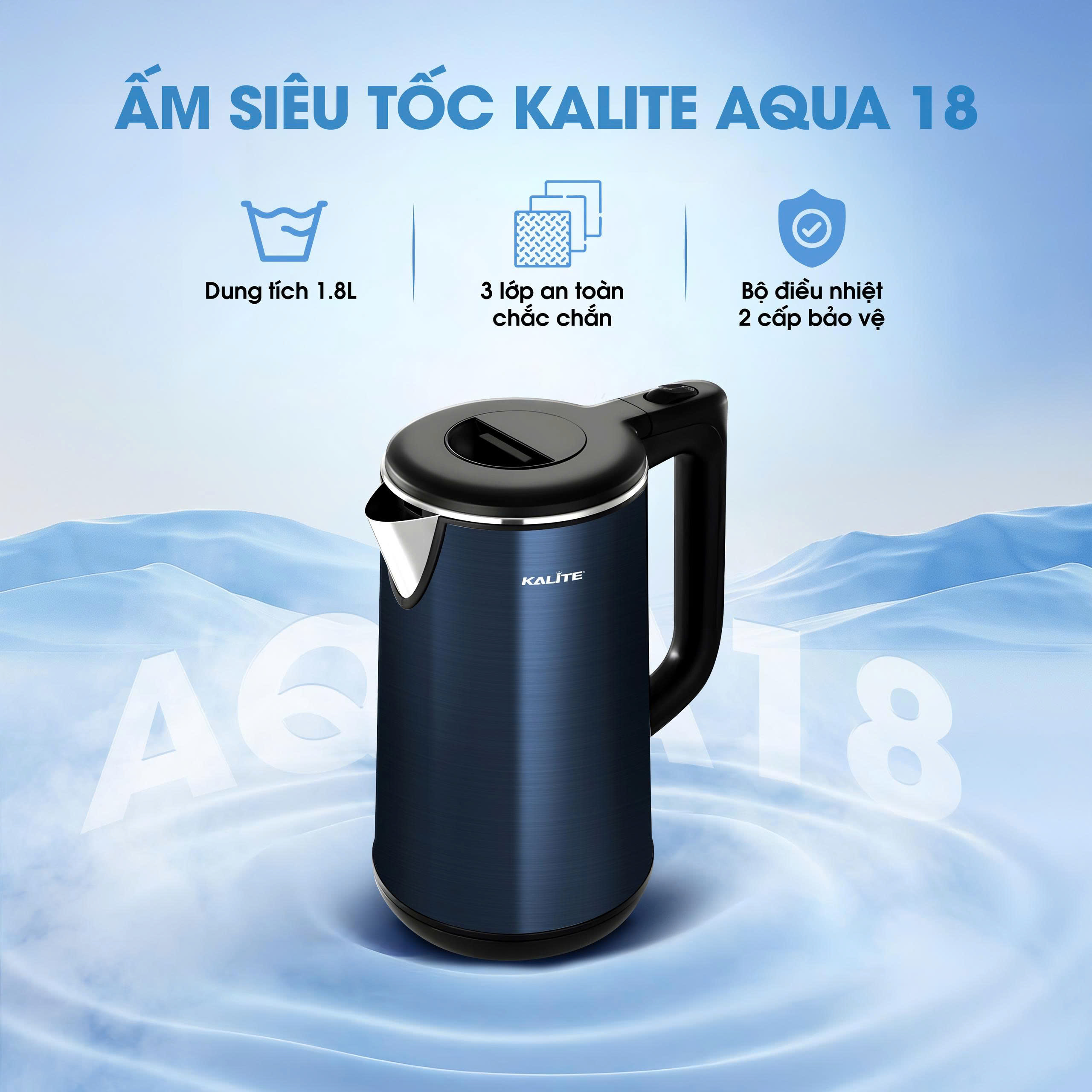 Ấm siêu tốc KALITE Aqua 18, dung tích 1,8L, inox 304, vỏ 2 lớp cách nhiệt - Ảnh 2