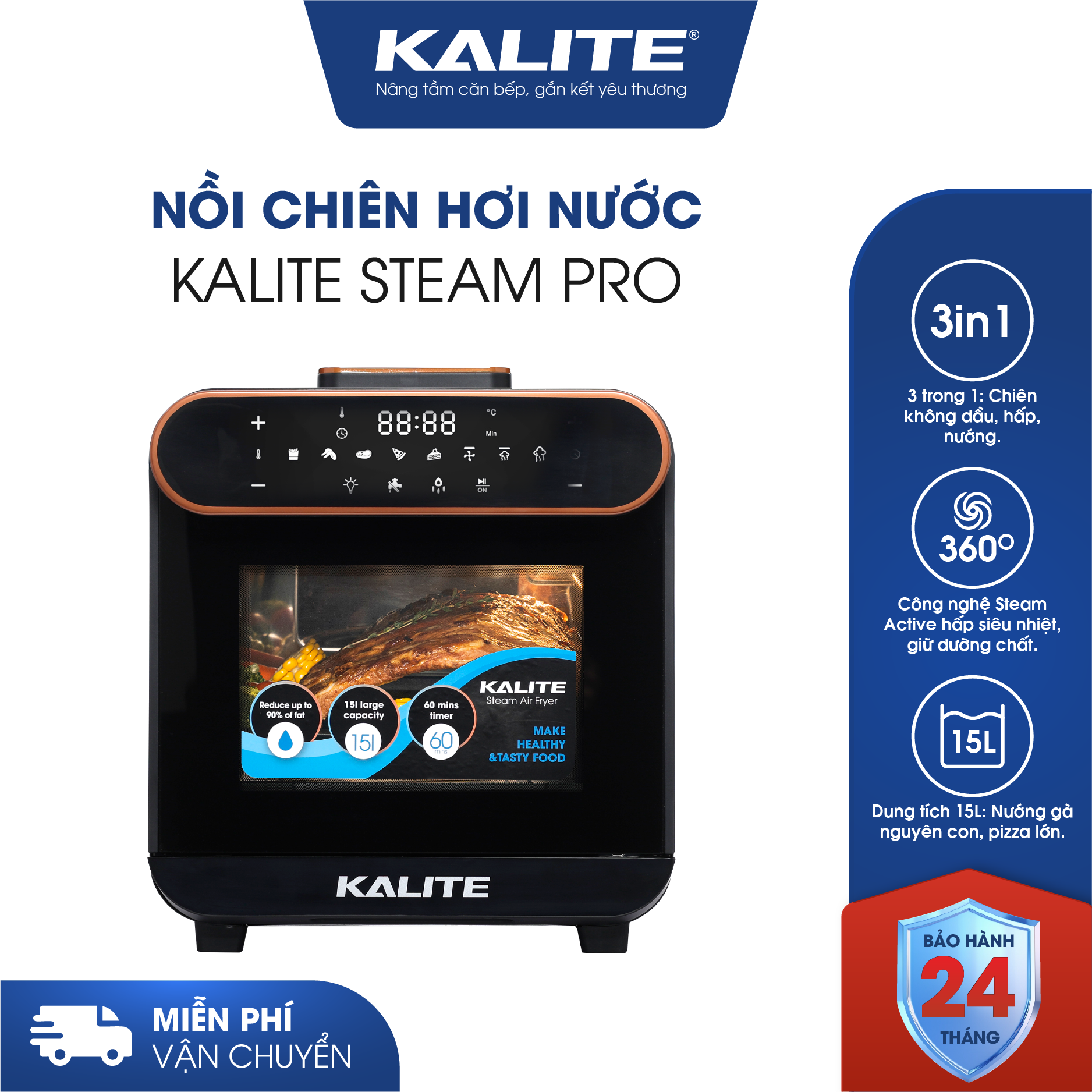 Nồi chiên hơi nước KALITE STEAM PRO 15 lít, 3 trong 1
