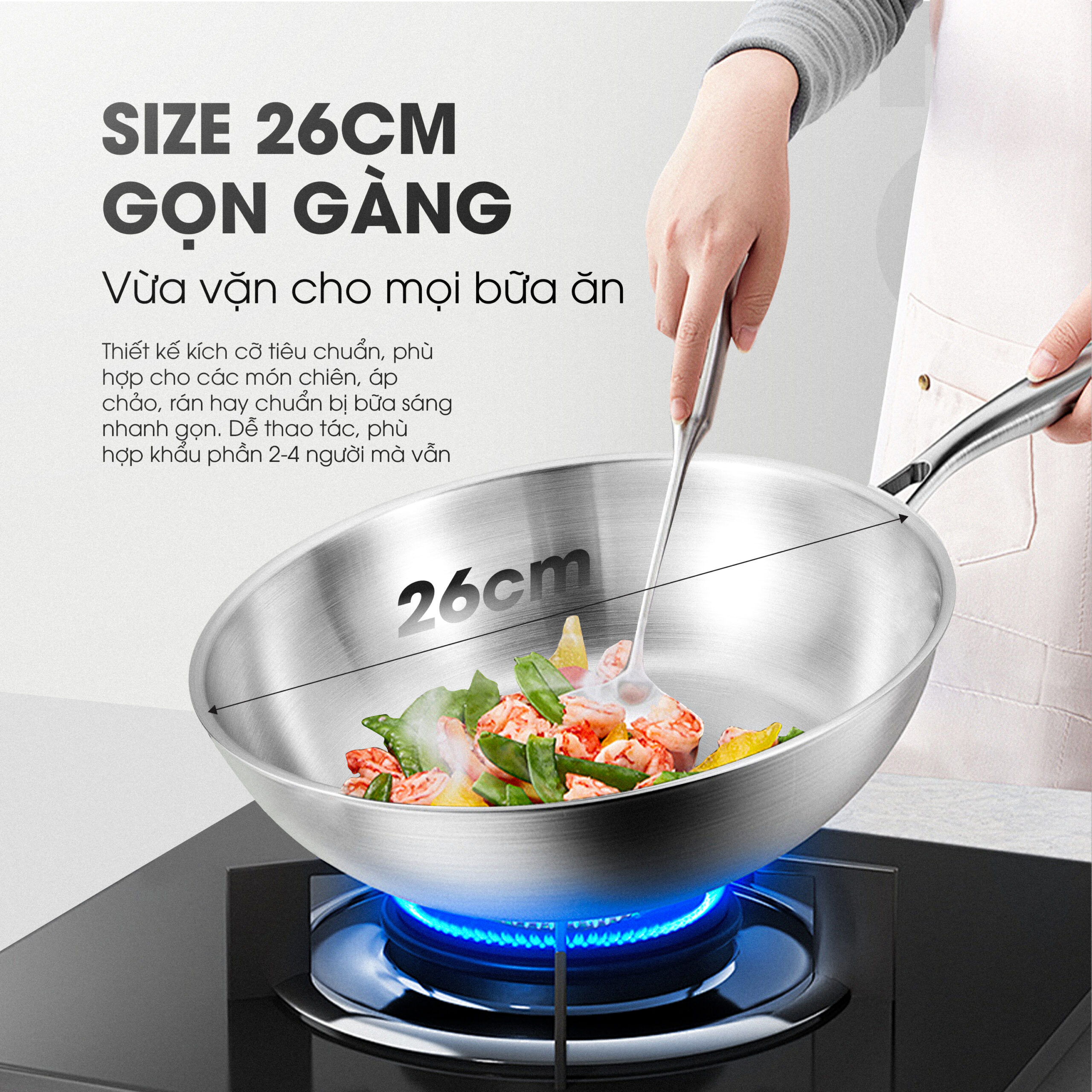Chảo rán inox liền khối KALITE ECO26, inox 304, đáy 3 lớp, bắt từ tốt - Ảnh 3