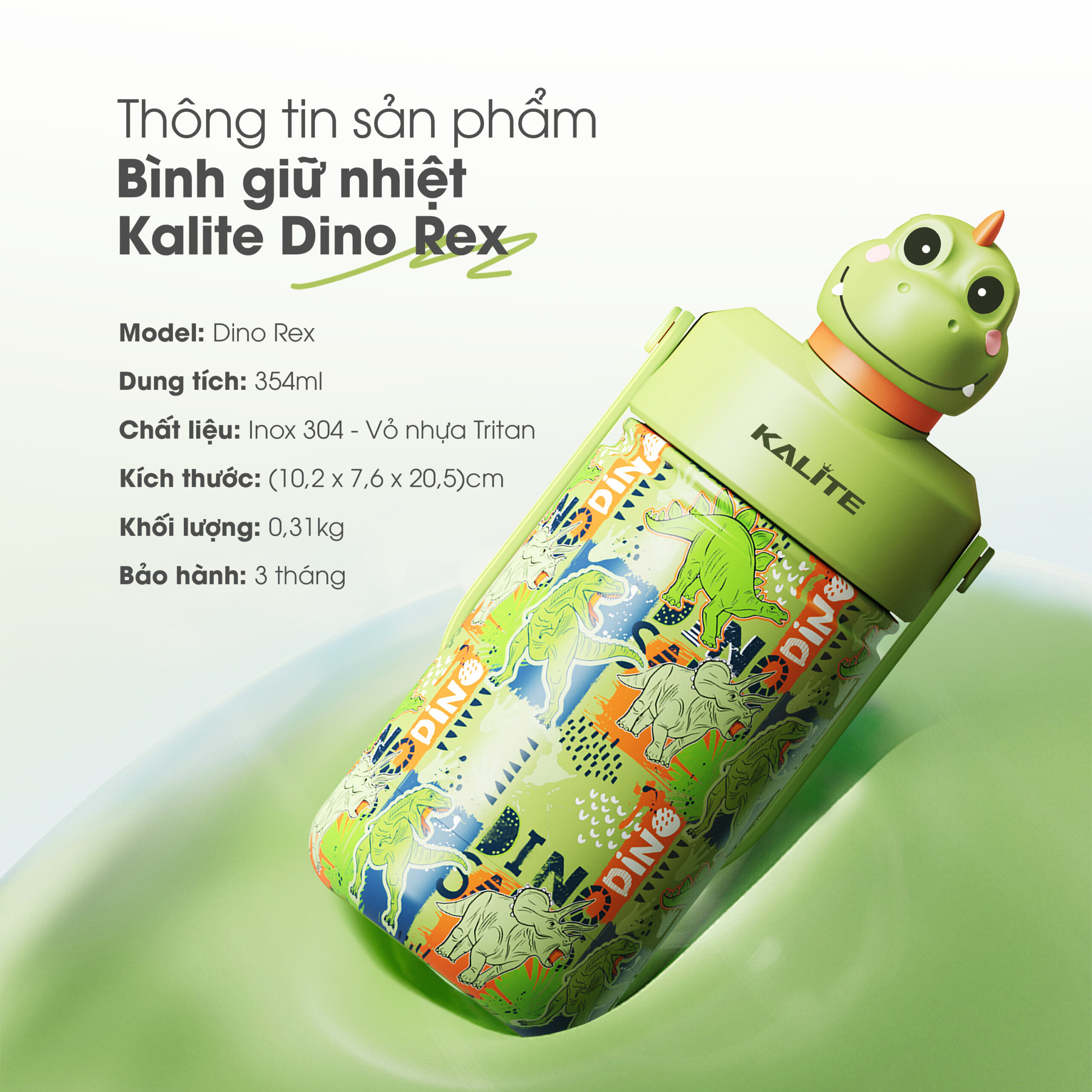 Bình giữ nhiệt trẻ em Kalite DINO REX - 354ml, inox 304, giữ nhiệt 12h - Ảnh 9