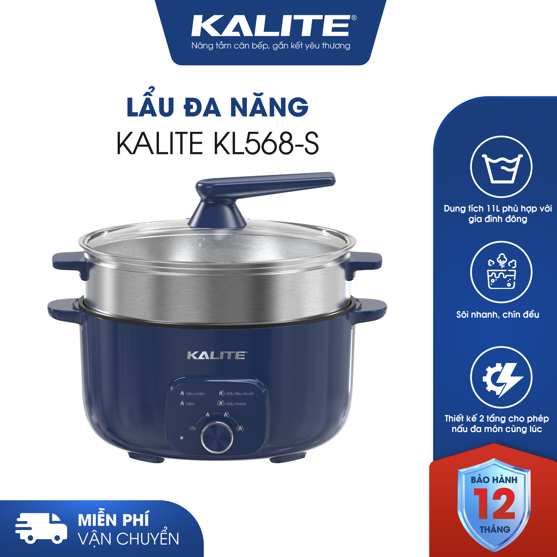 Nồi lẩu hấp KALITE KL568-S đa năng 2 tầng dung tích 11L