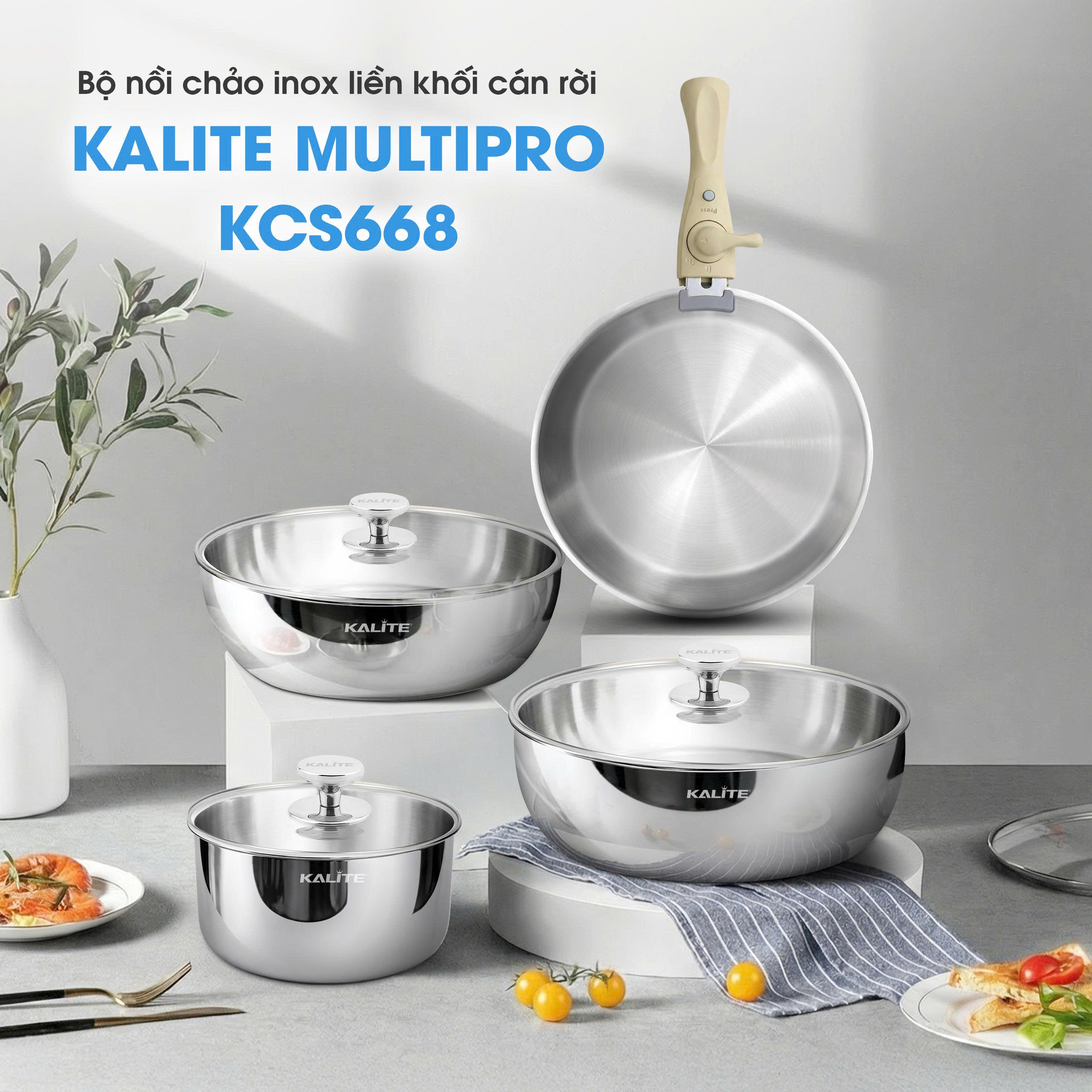 Bộ nồi chảo inox liền khối Kalite MultiPro KCS668, 8 món cán rời - Ảnh 2