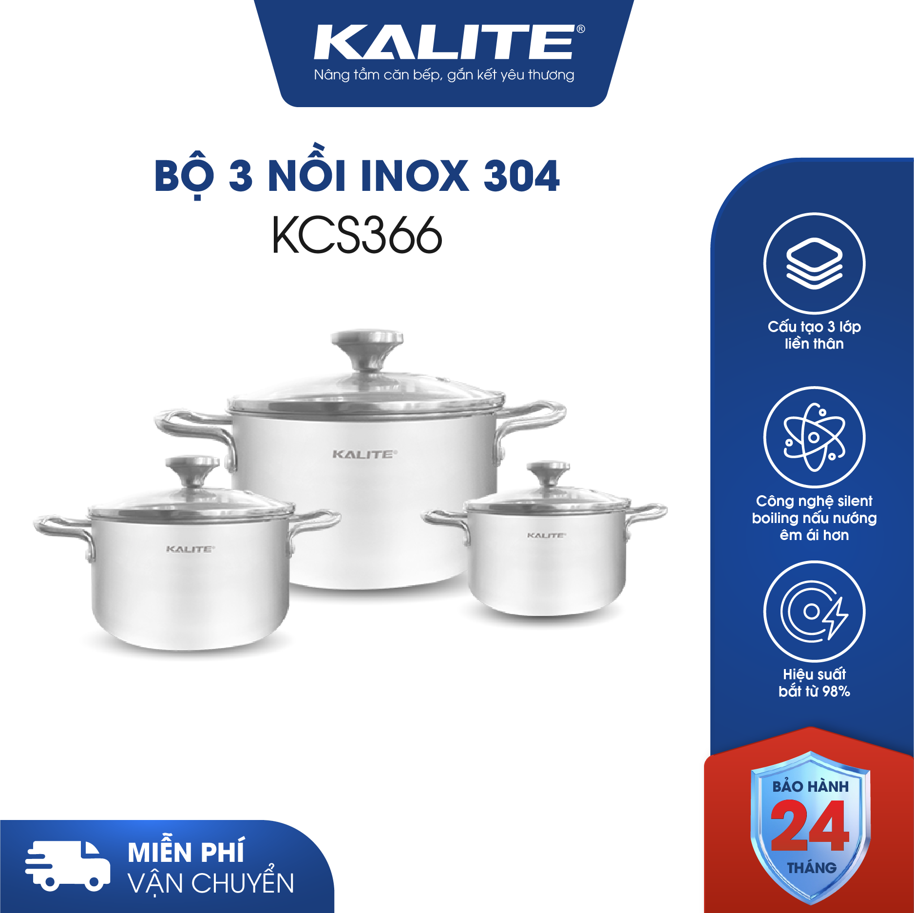 Bộ 3 nồi inox liền khối KALITE KCS366 - Bộ 3 size 18-20-24cm
