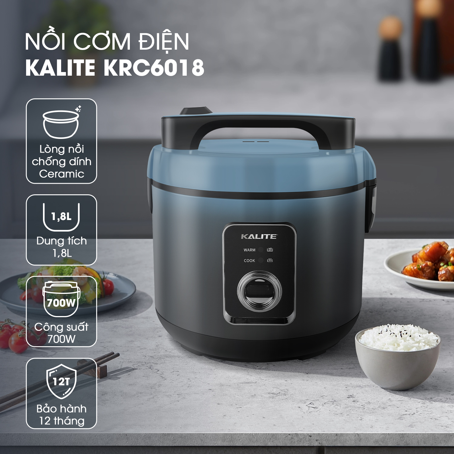 Nồi cơm điện KALITE KRC6018 700W chống dính dung tích 1,8L - Ảnh 3