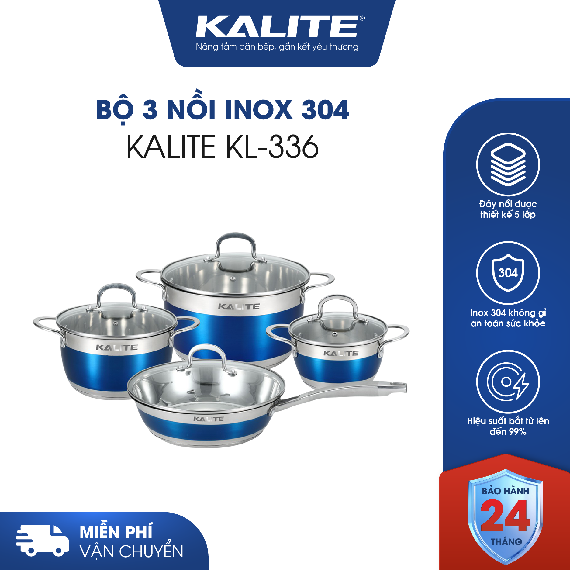 Bộ nồi chảo KALITE KL-336 inox cao cấp siêu bền đáy 5 lớp
