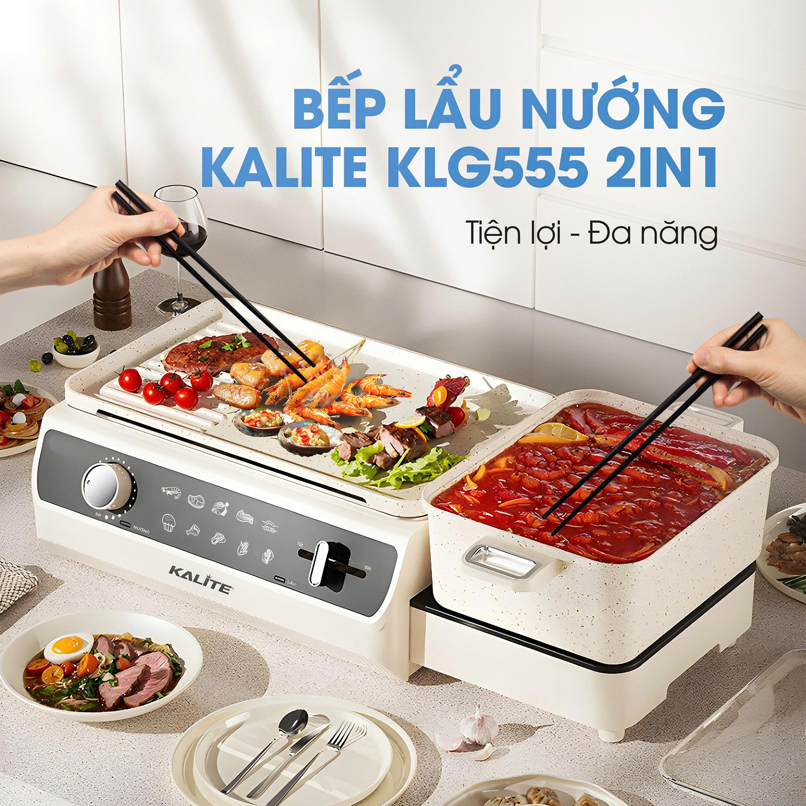 Nồi lẩu nướng 2in1 KALITE KLG555, CS 2200W, chống dính ceramic - Ảnh 2