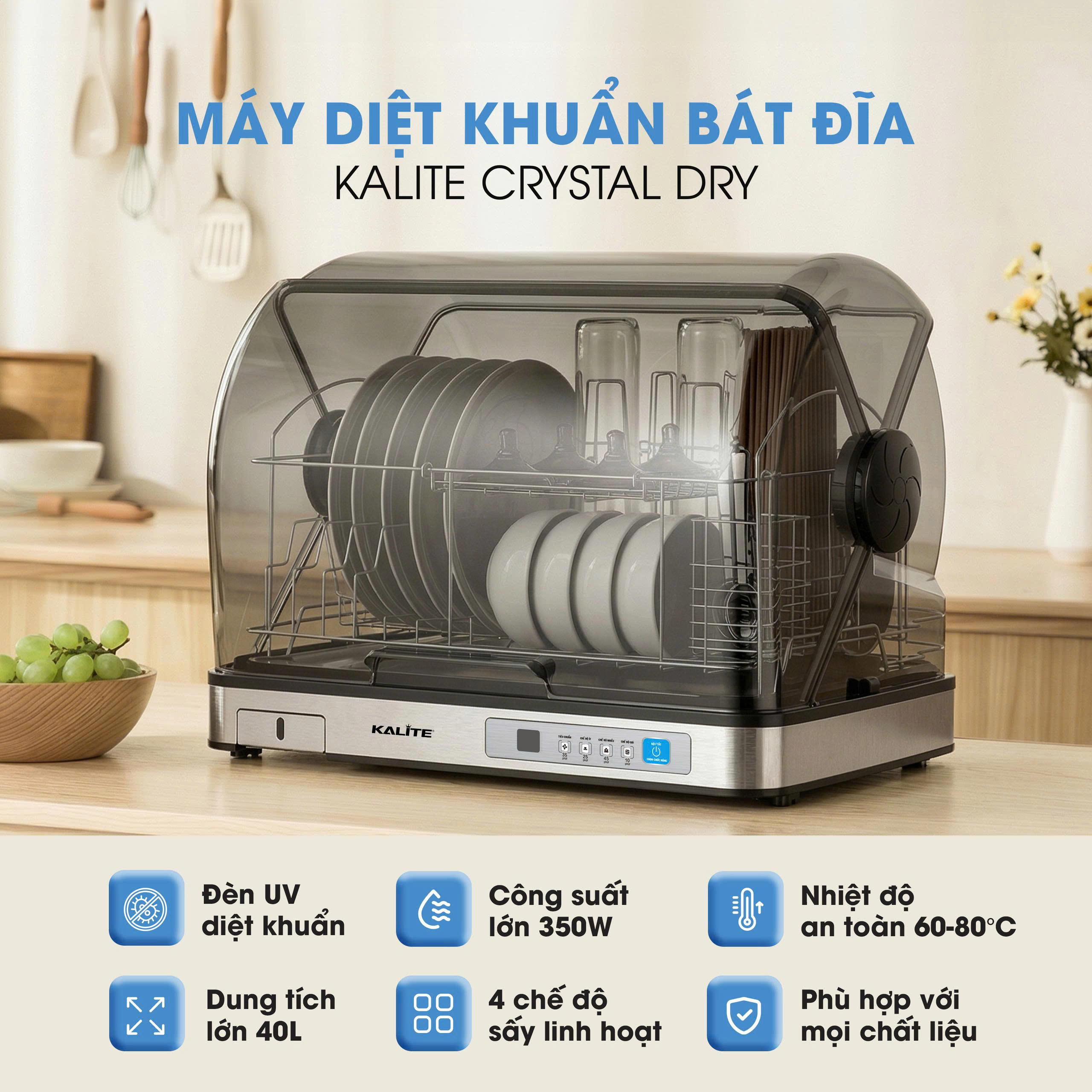 Máy diệt khuẩn bát đĩa Kalite Crystal Dry sấy khô, khử khuẩn UV - Ảnh 2