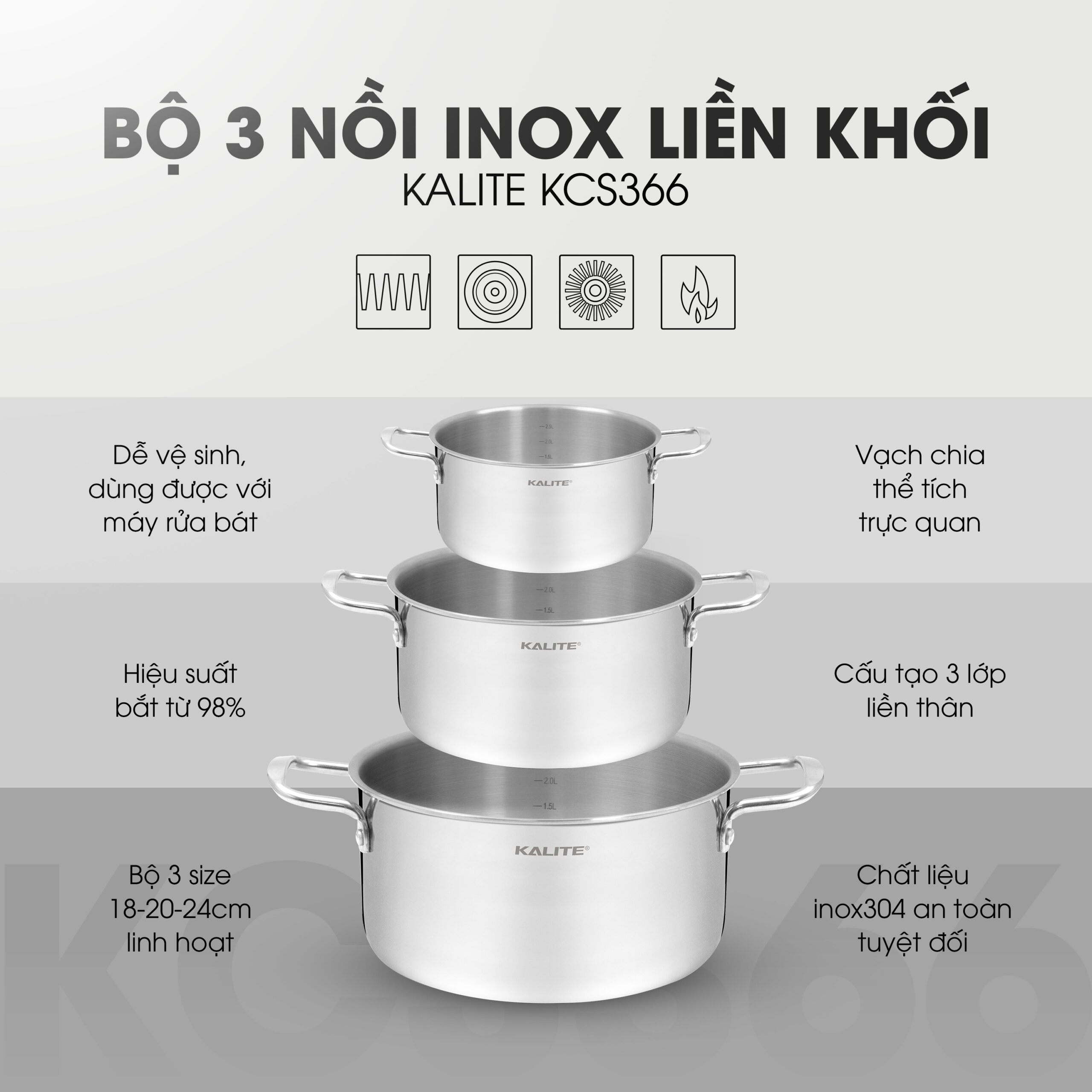 Bộ 3 nồi inox liền khối KALITE KCS366 - Bộ 3 size 18-20-24cm - Ảnh 2