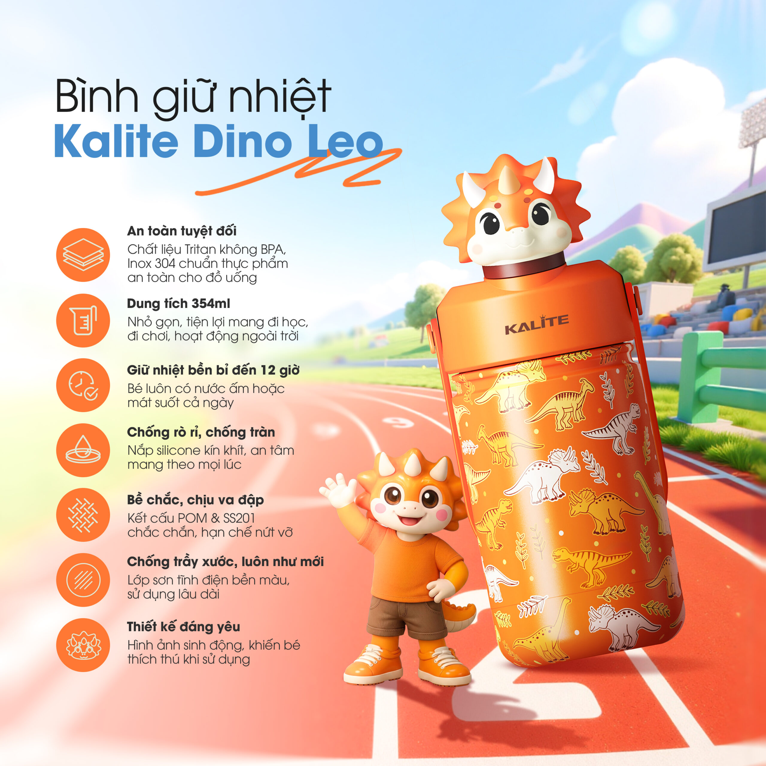 Bình giữ nhiệt trẻ em Kalite DINO LEO - 354ml, inox 304, giữ nhiệt 12h - Ảnh 2