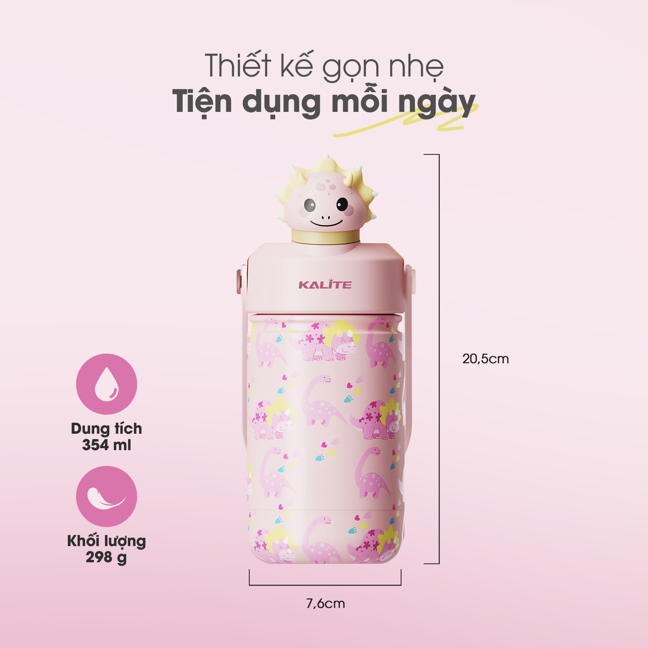 Bình giữ nhiệt trẻ em Kalite DINO PINKY - 354ml, inox 304 giữ nhiệt 12h - Ảnh 3
