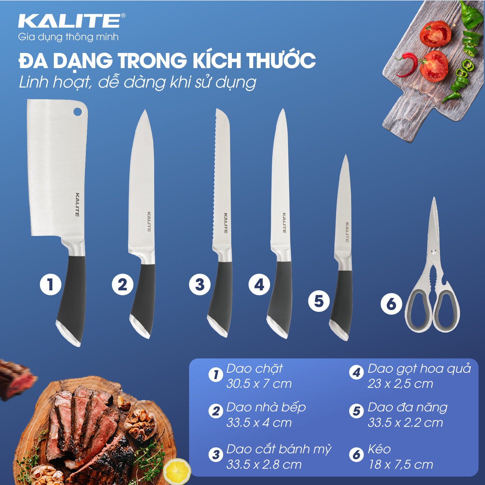 Bộ dao 6 món KALITE KL-191 Inox cao cấp, bền sắc - Ảnh 3