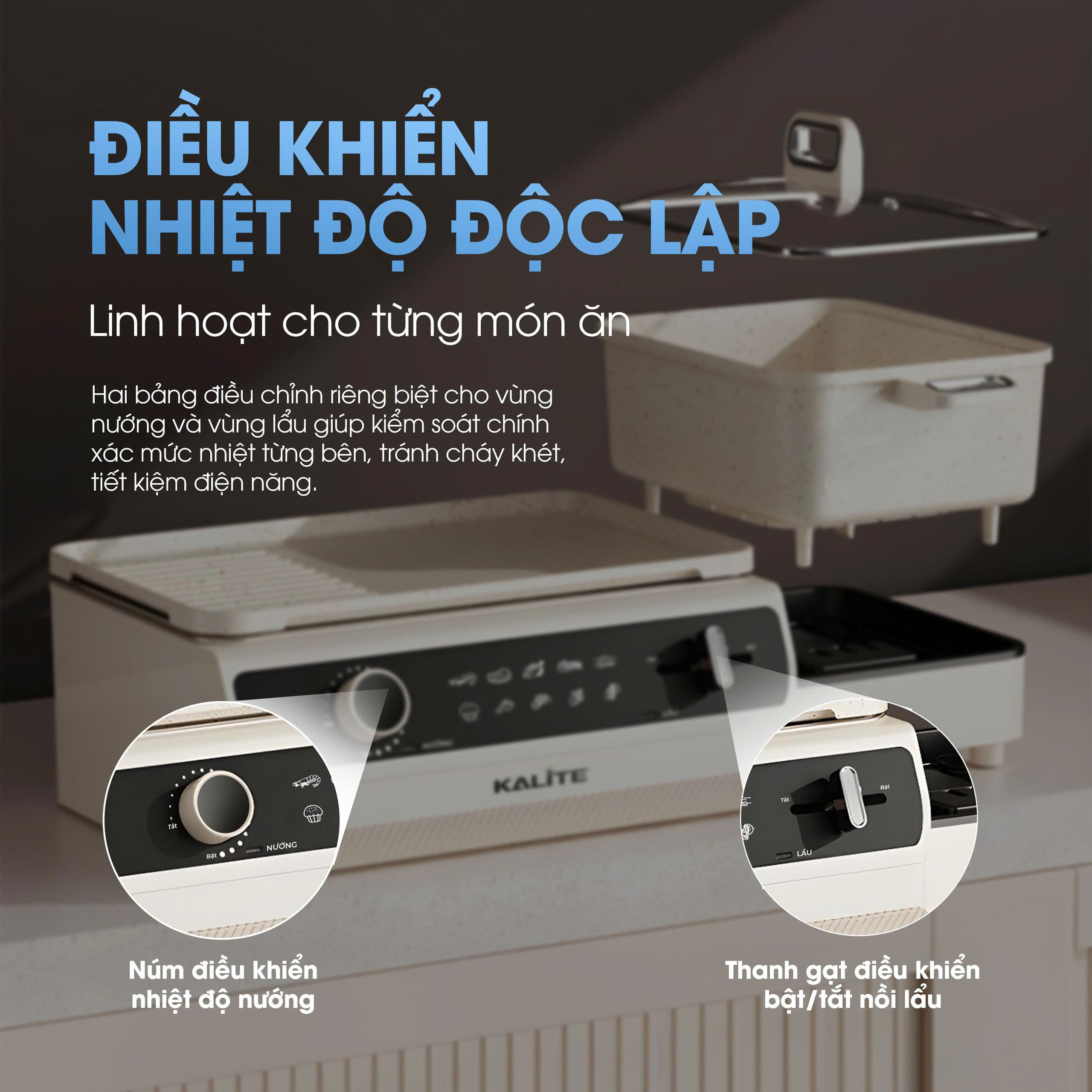 Nồi lẩu nướng 2in1 KALITE KLG555, CS 2200W, chống dính ceramic - Ảnh 4