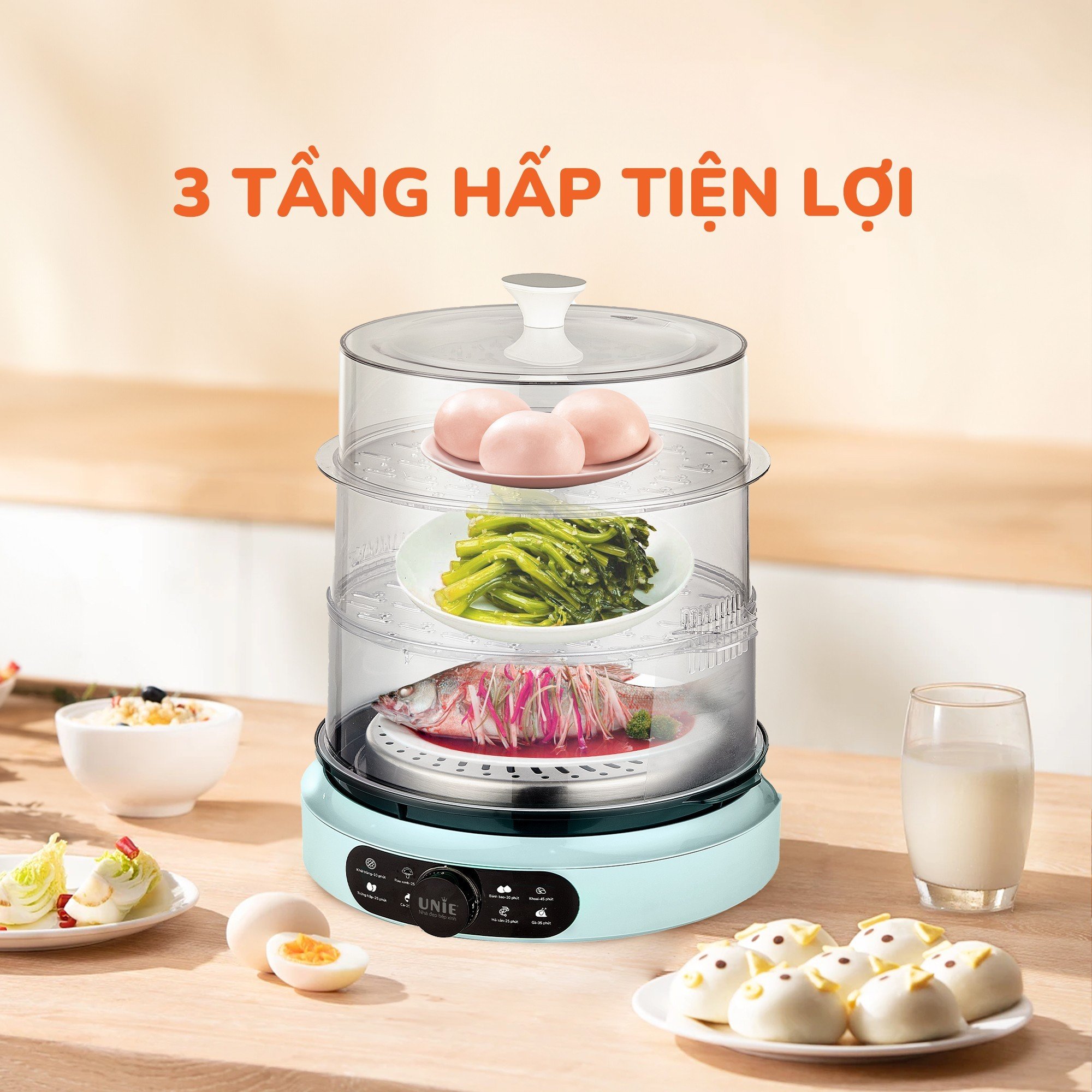 Nồi hấp Unie UE680 dung tích lớn 15L, 3 tầng hấp rộng rãi - Ảnh 5