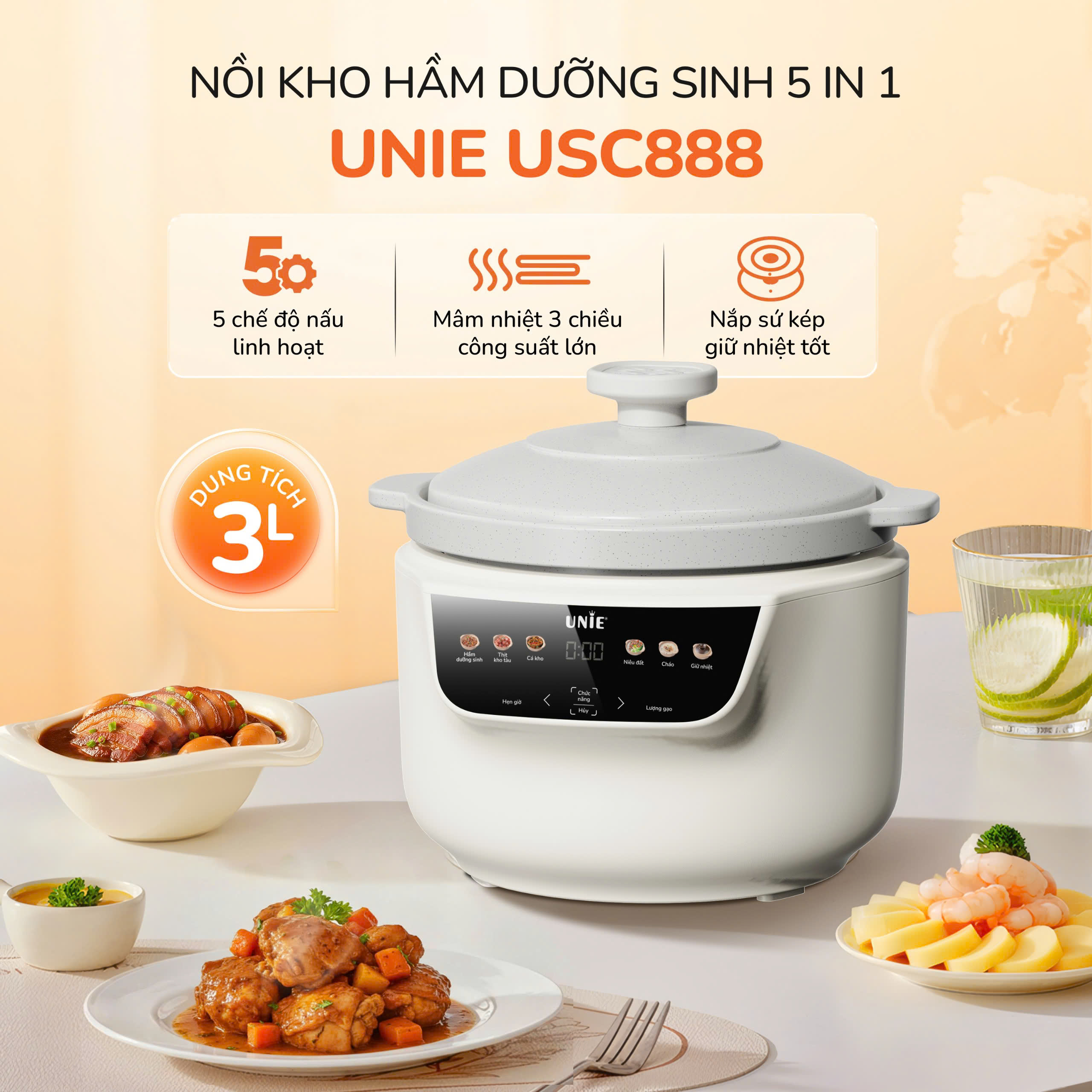 Nồi kho hầm dưỡng sinh 5 in 1 UNIE USC888, nắp sứ kép cao cấp - Ảnh 2