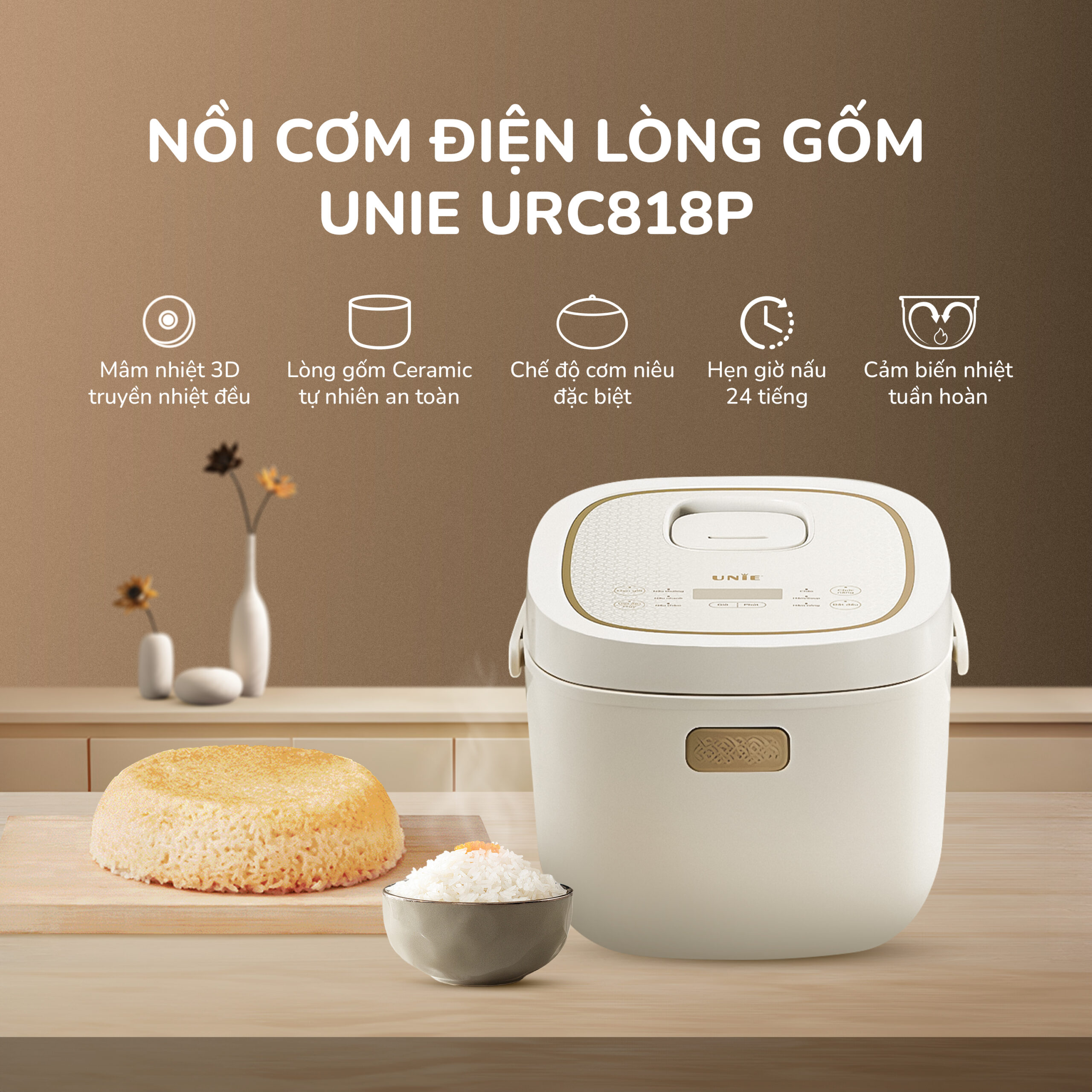 Nồi cơm điện lòng gốm cao cấp UNIE URC818P -  Tạo cơm cháy - Ảnh 2