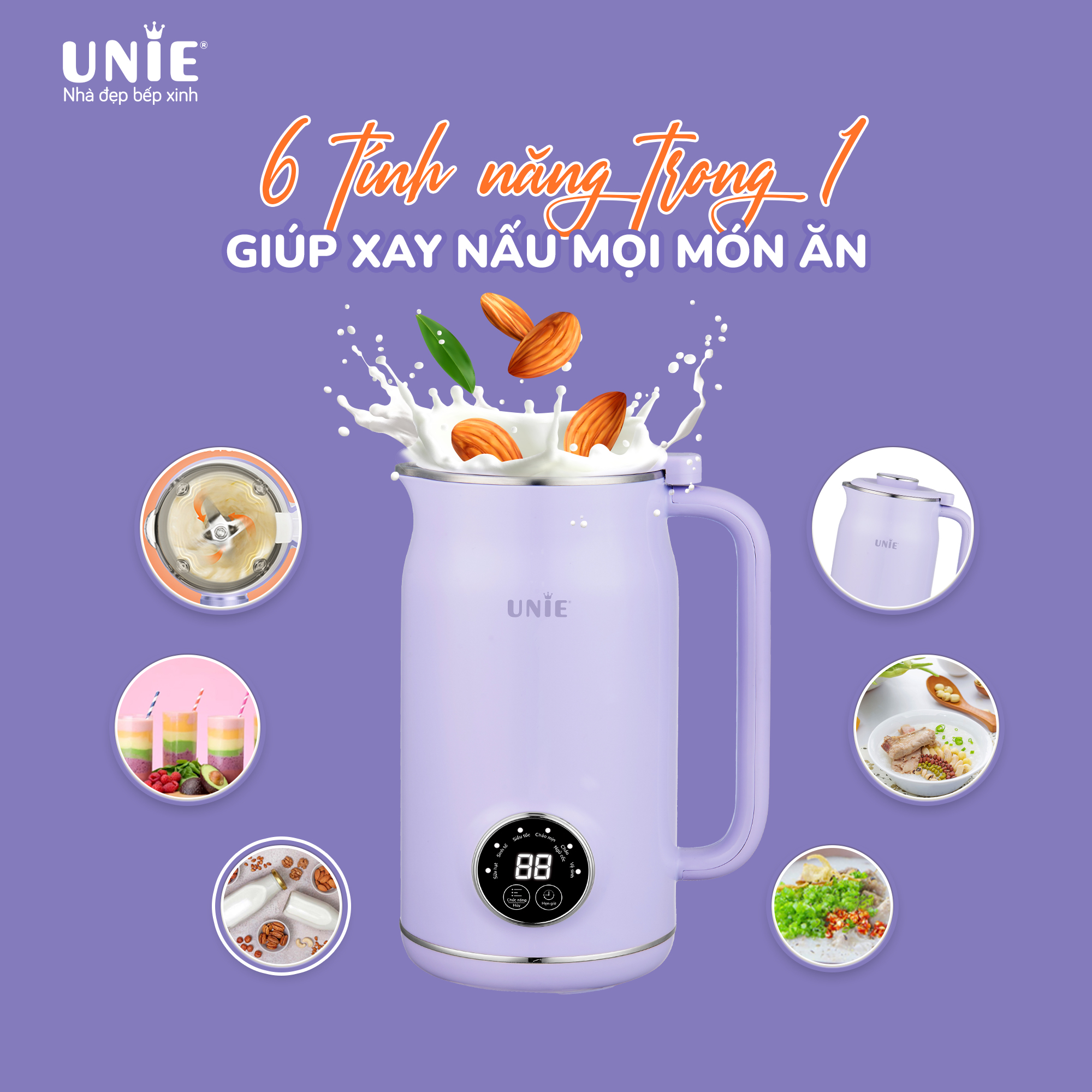 Máy làm sữa hạt UNIE UMB06, dung tích 600ml, 6 chức năng xay nấu - Ảnh 2