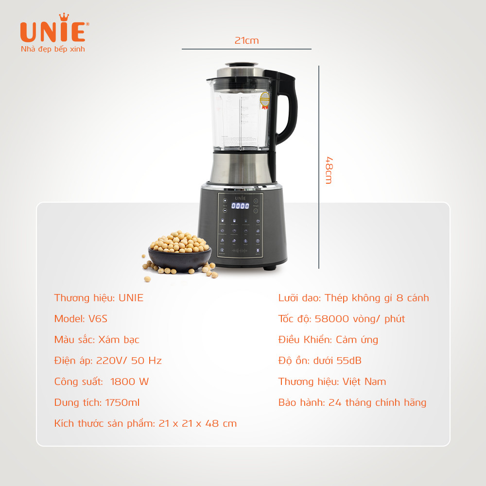 Máy làm sữa hạt UNIE V6S dung tích 1,75L, điều khiển 1 chạm - Ảnh 13
