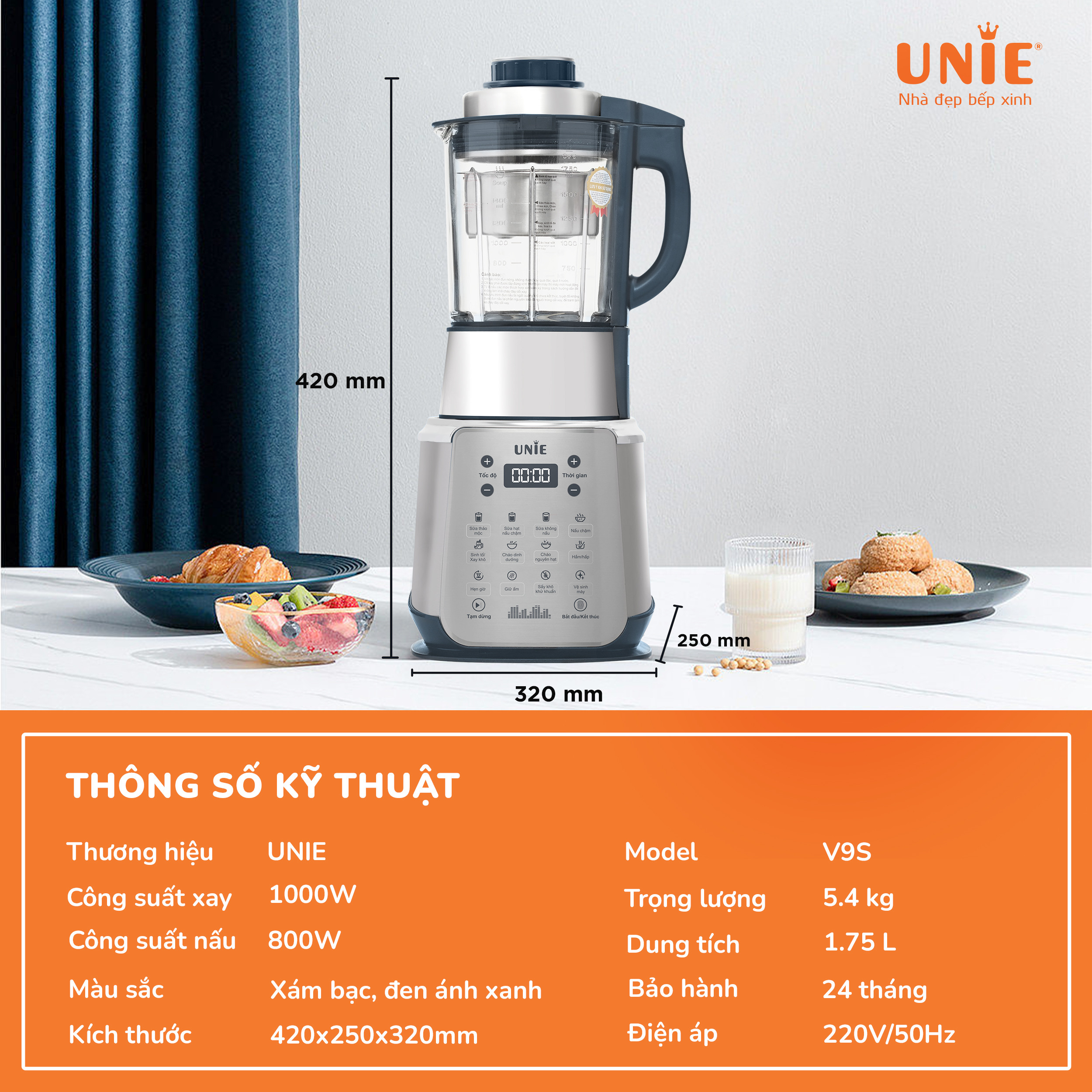 Máy làm sữa hạt UNIE V9S dung tích 1,75L, cối thủy tinh bền bỉ - Ảnh 4