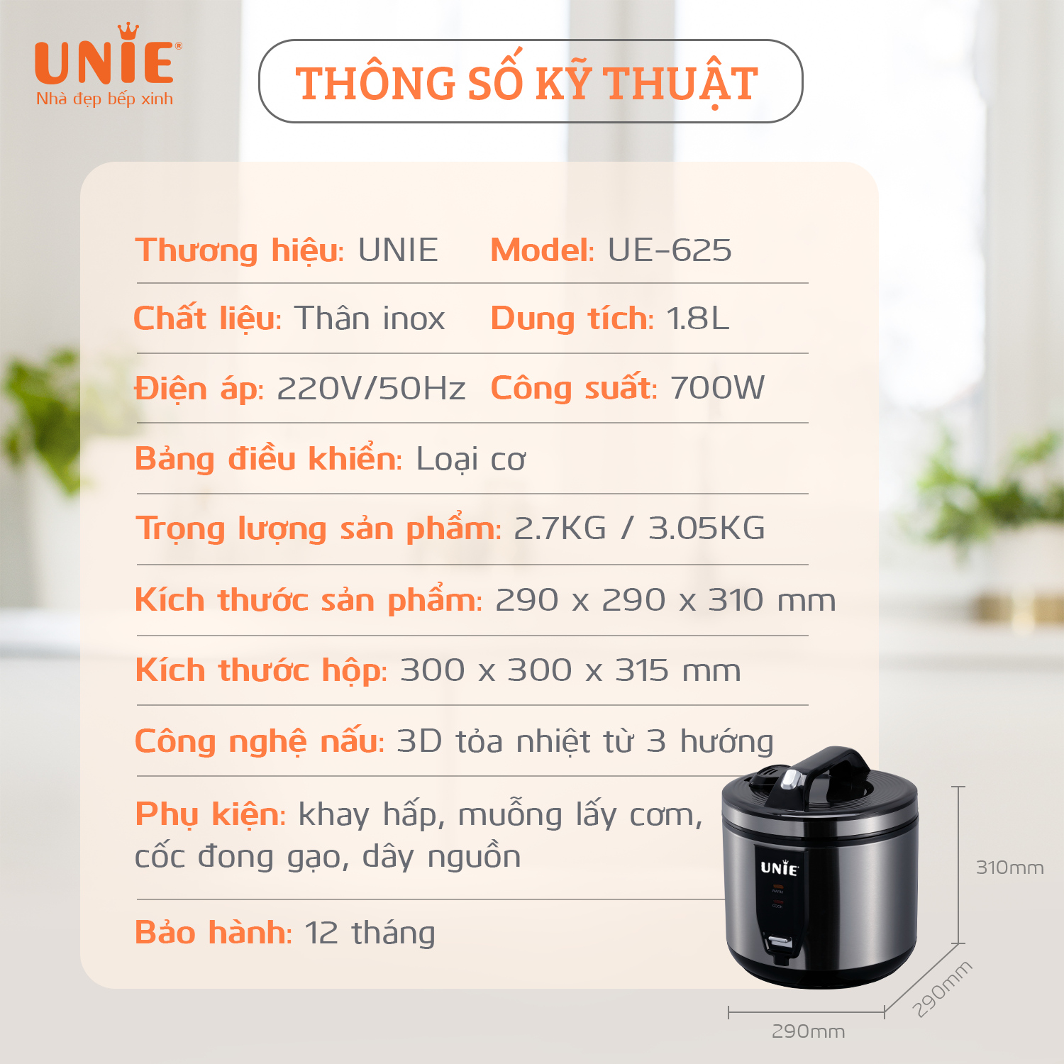 Nồi cơm điện UNIE UE - 625 dung tích 1.8L, lòng nồi chống dính Teflon - Ảnh 2