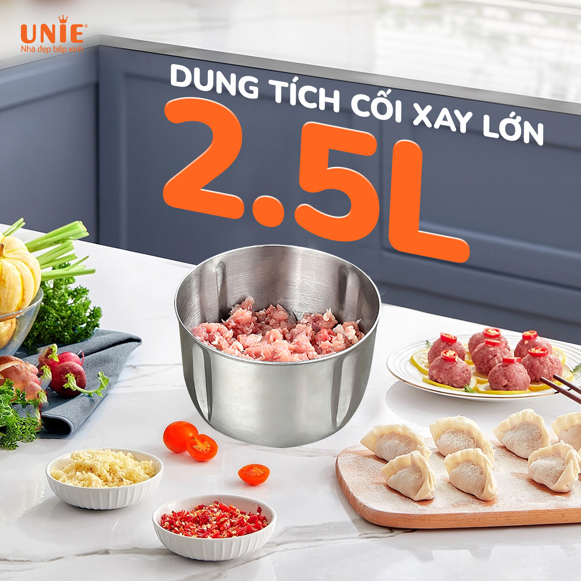 Máy xay thịt Unie UE226 dung tích 2.5L, 2 cối xay + trục bóc hành - Ảnh 3