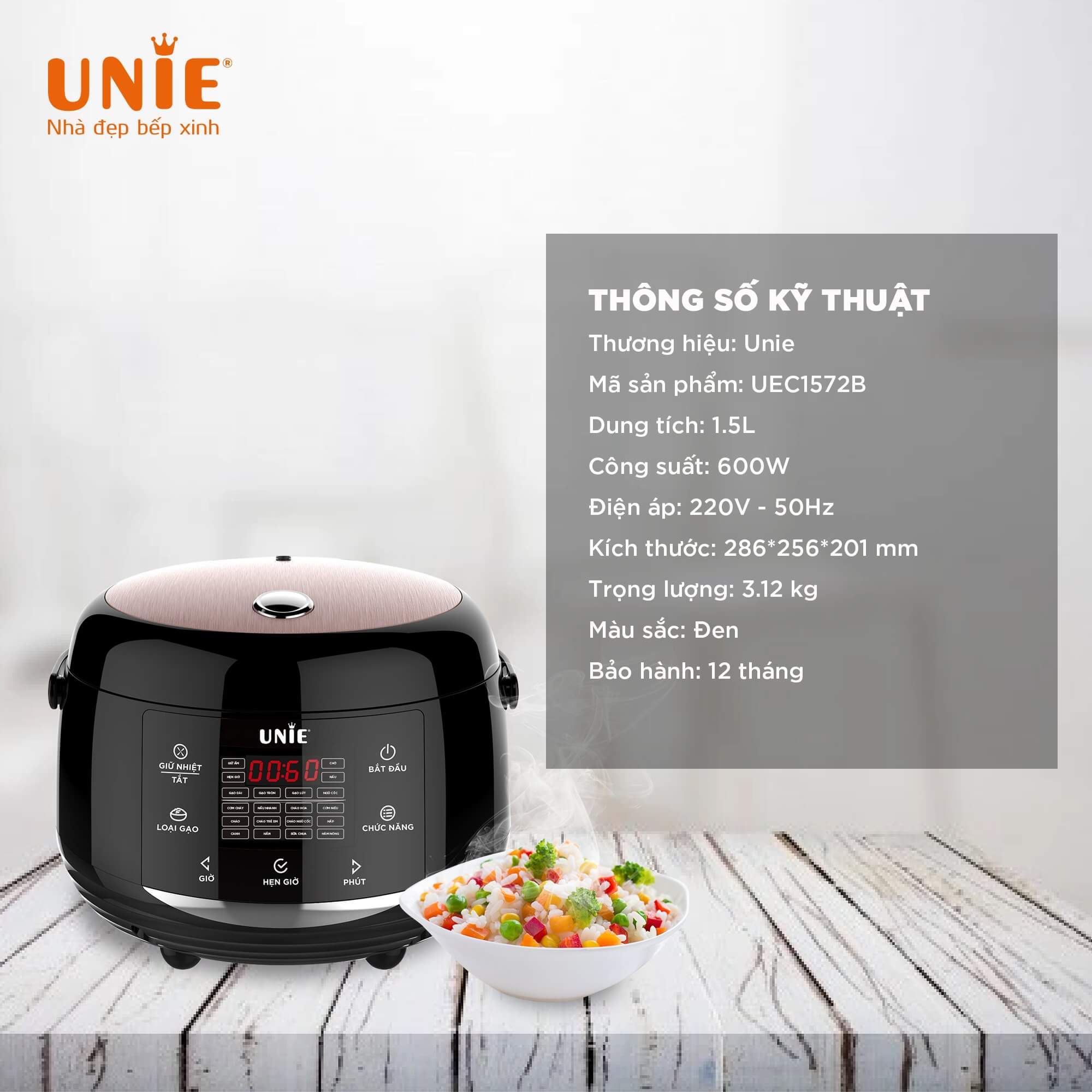 Nồi cơm điện UNIE UEC1572B dung tích 1.5L, lòng nồi gốm cao cấp - Ảnh 2