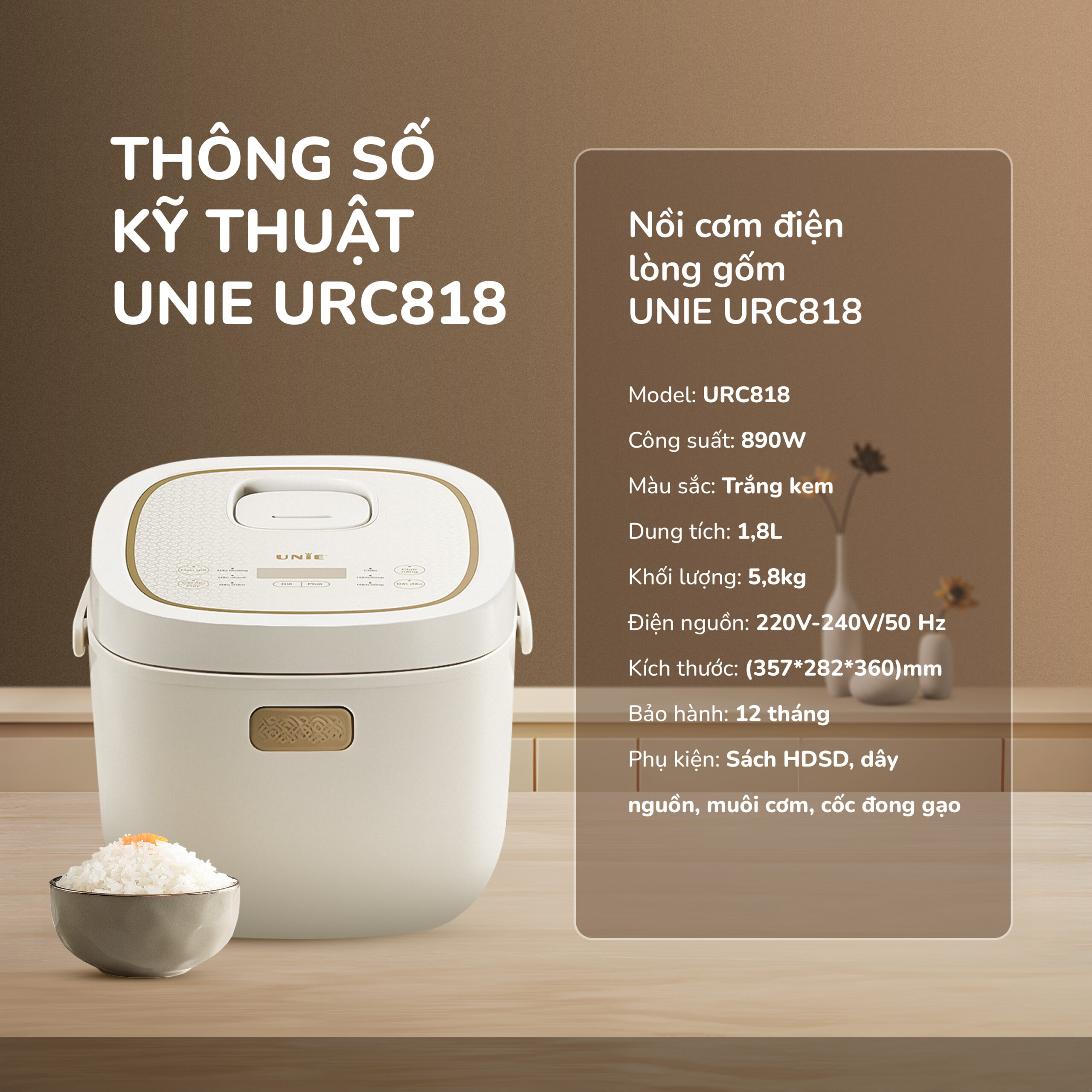 Nồi cơm điện lòng gốm cao cấp UNIE URC818, dung tích 1,8L - Ảnh 17
