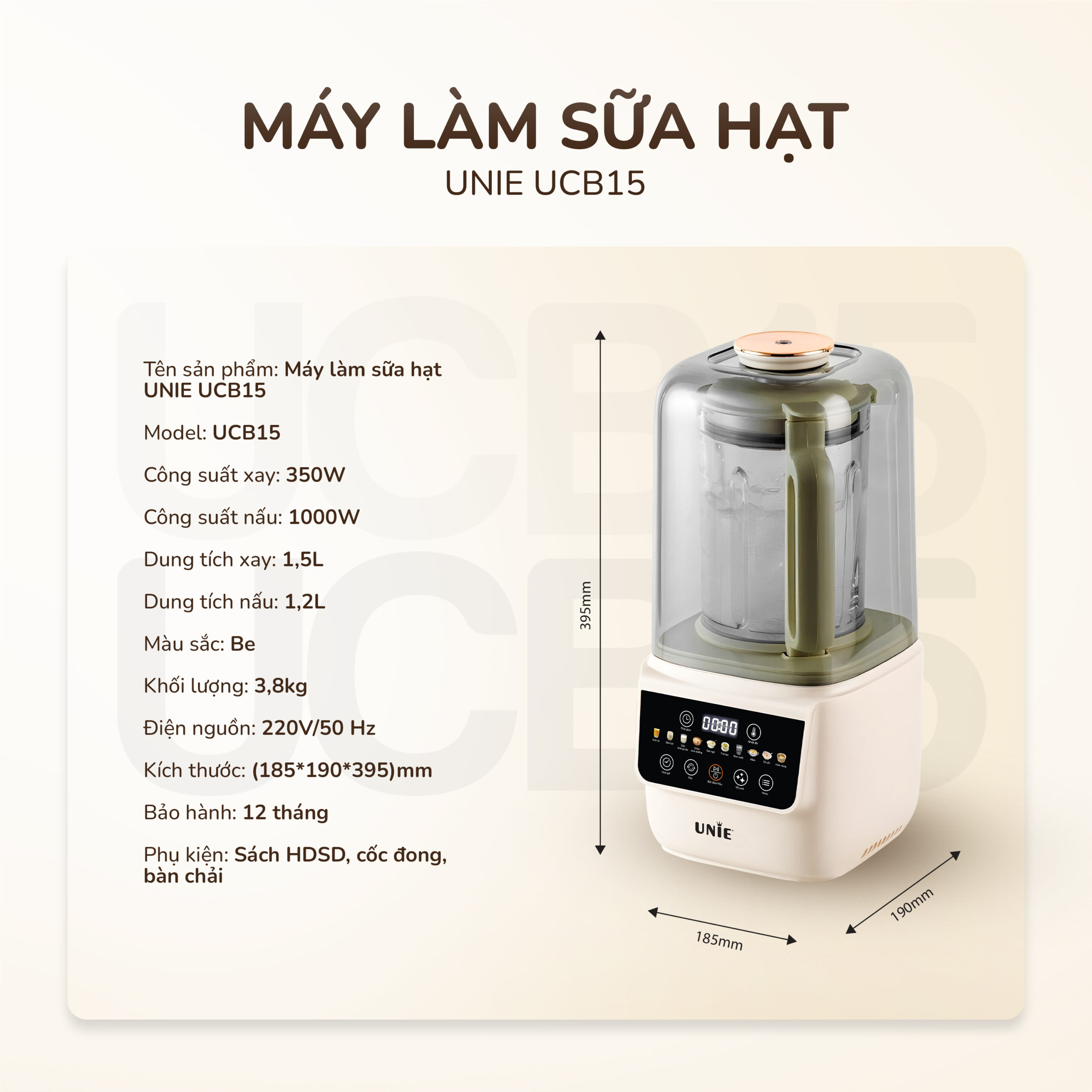 Máy làm sữa hạt UNIE UCB15 dung tích 1.5L, 10 chức năng xay nấu - Ảnh 19