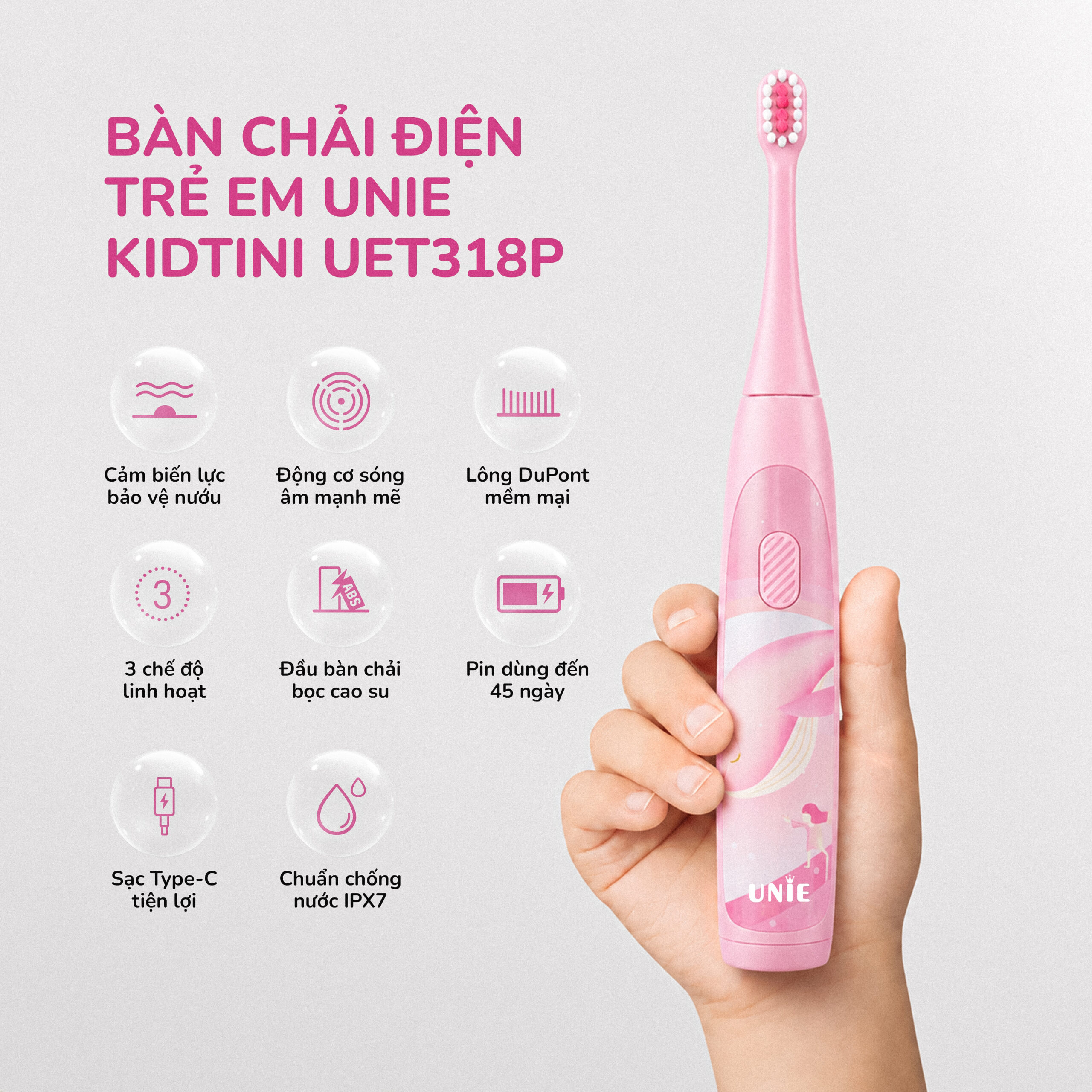 Bàn chải điện trẻ em Unie Kidtini UET318P cảm biến lực thông minh - Ảnh 11