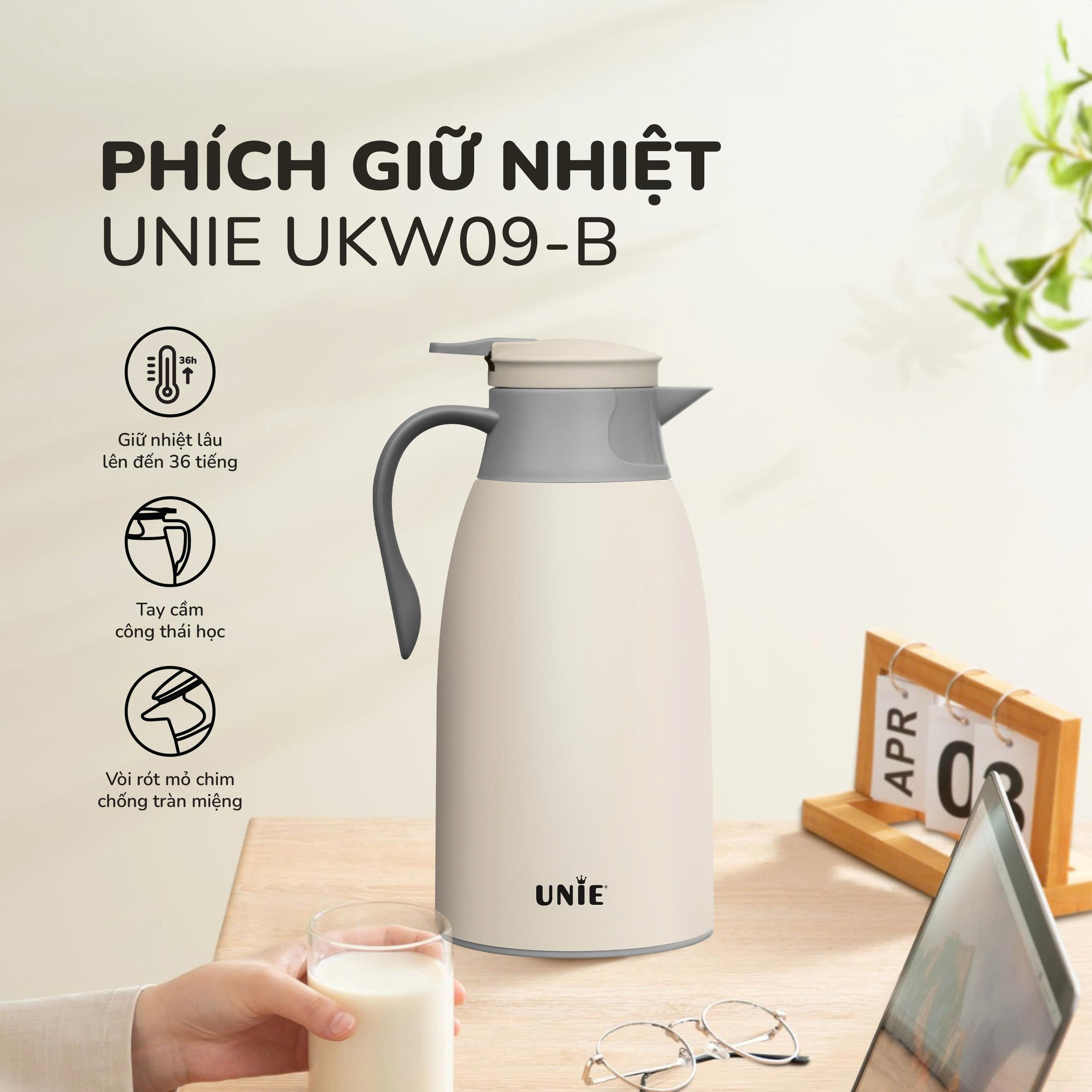 Phích giữ nhiệt UNIE UKW09-B, dung tích 1,4L, giữ nhiệt 36 giờ - Ảnh 2