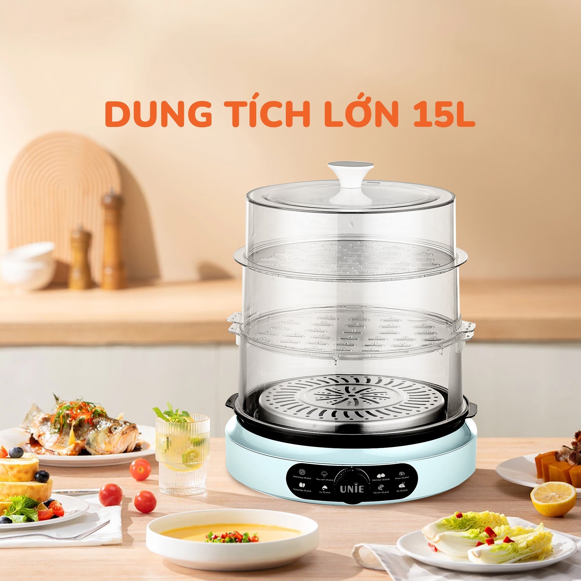 Nồi hấp Unie UE680 dung tích lớn 15L, 3 tầng hấp rộng rãi - Ảnh 6