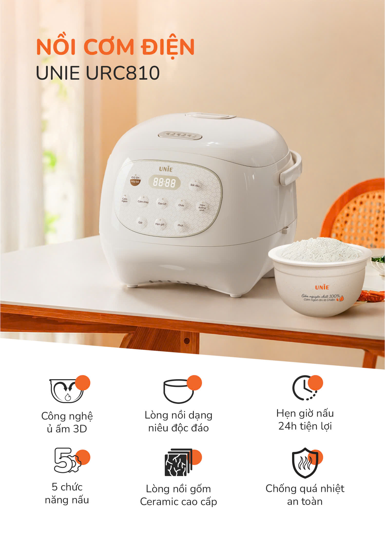 Nồi cơm điện UNIE URC810, dung tích 1L, lòng gốm ceramic - Ảnh 4