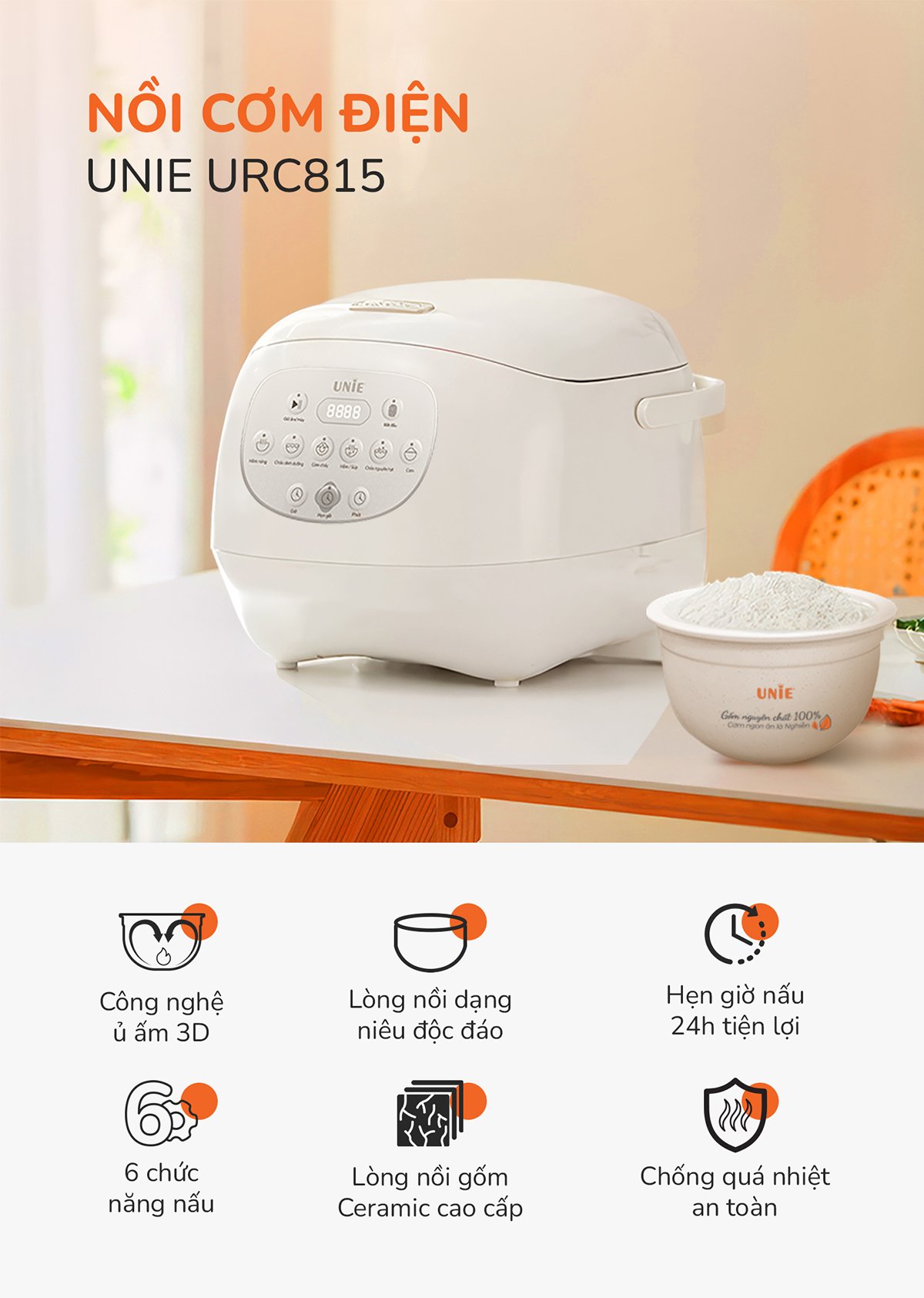 Nồi cơm điện lòng gốm tự nhiên UNIE URC815, dung tích 1,5L - Ảnh 2