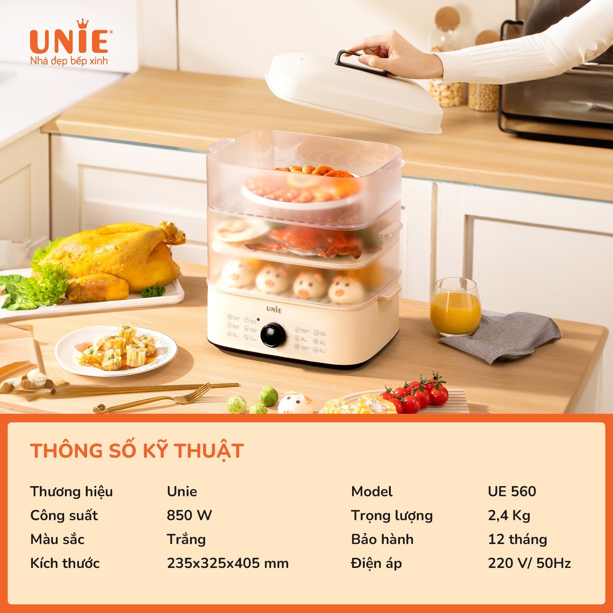 Nồi hấp UNIE UE560 dung tích 18L, 3 tầng hấp tiện lợi - Ảnh 6