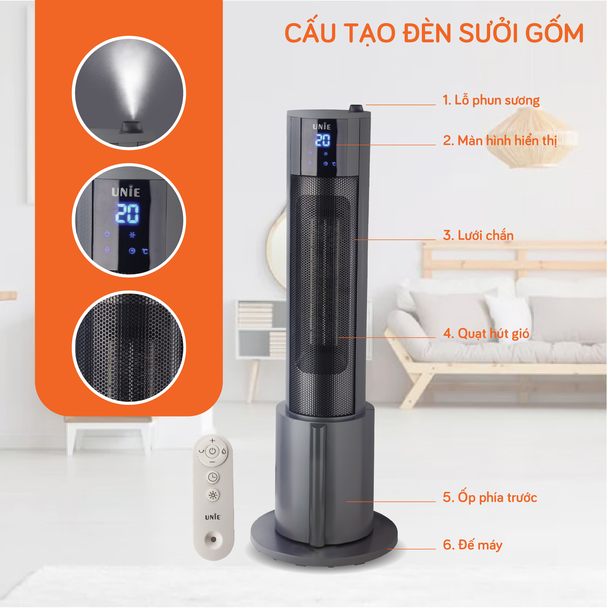Máy sưởi gốm UNIE UE-129 làm ấm nhanh chóng, phun sương tạo ẩm - Ảnh 9