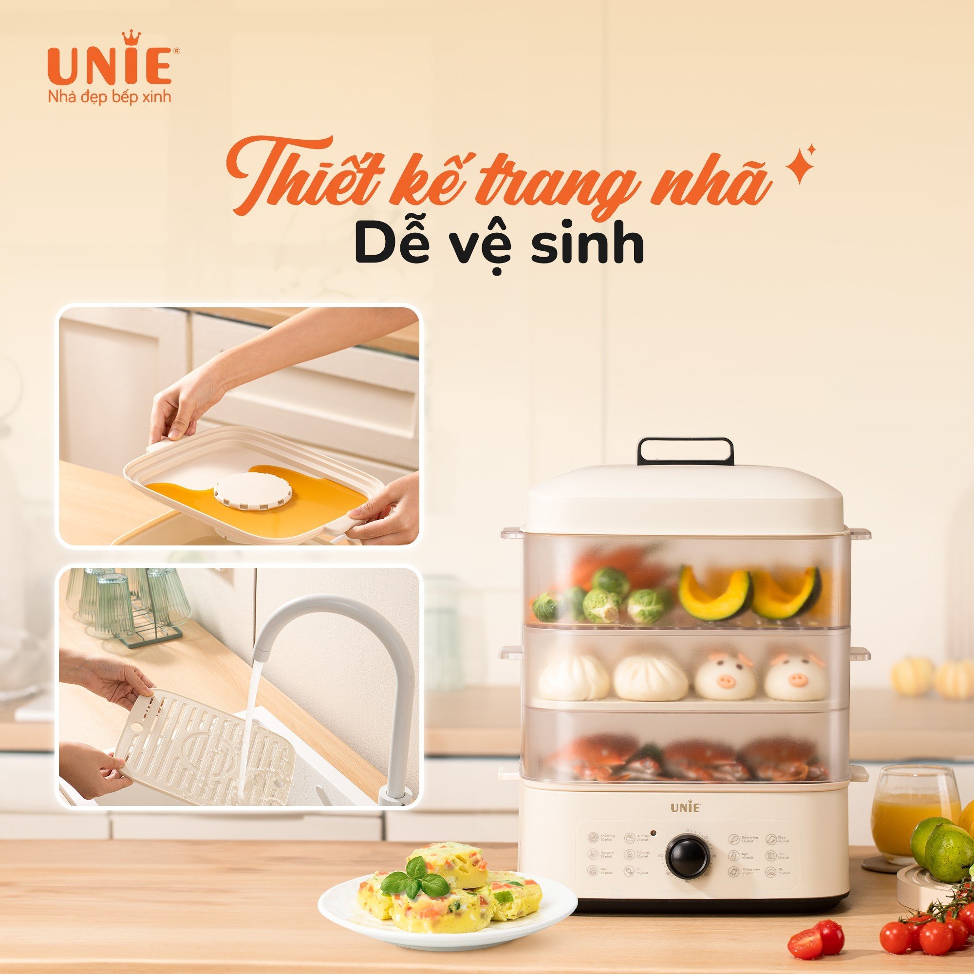Nồi hấp UNIE UE560 dung tích 18L, 3 tầng hấp tiện lợi - Ảnh 5