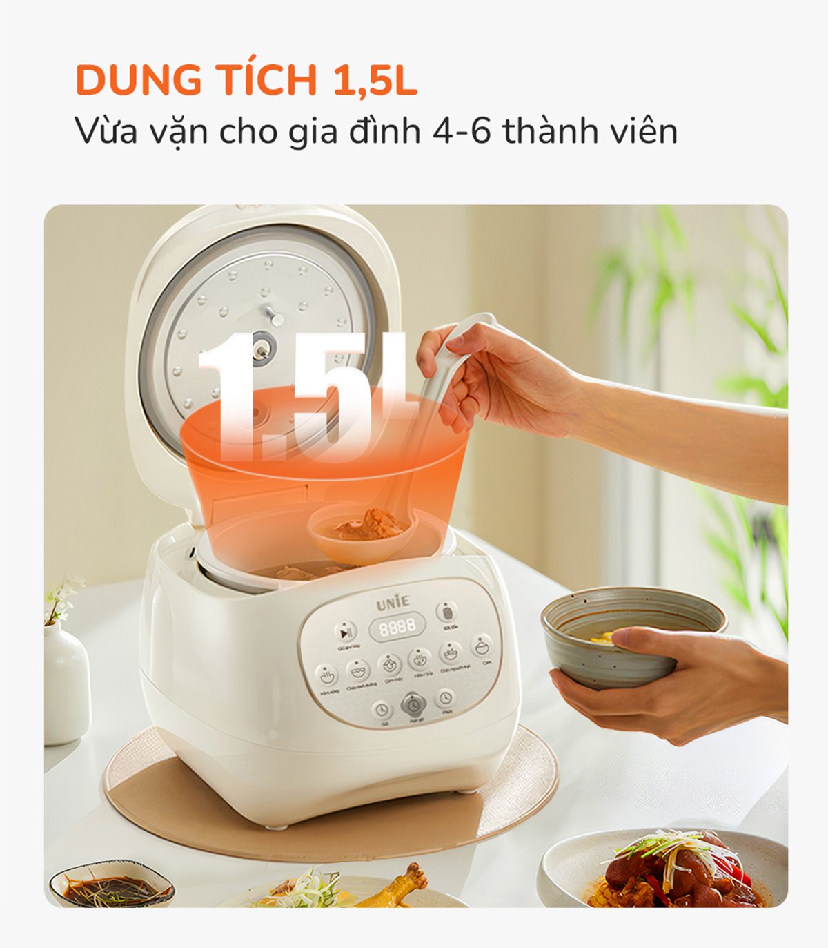 Nồi cơm điện lòng gốm tự nhiên UNIE URC815, dung tích 1,5L - Ảnh 5