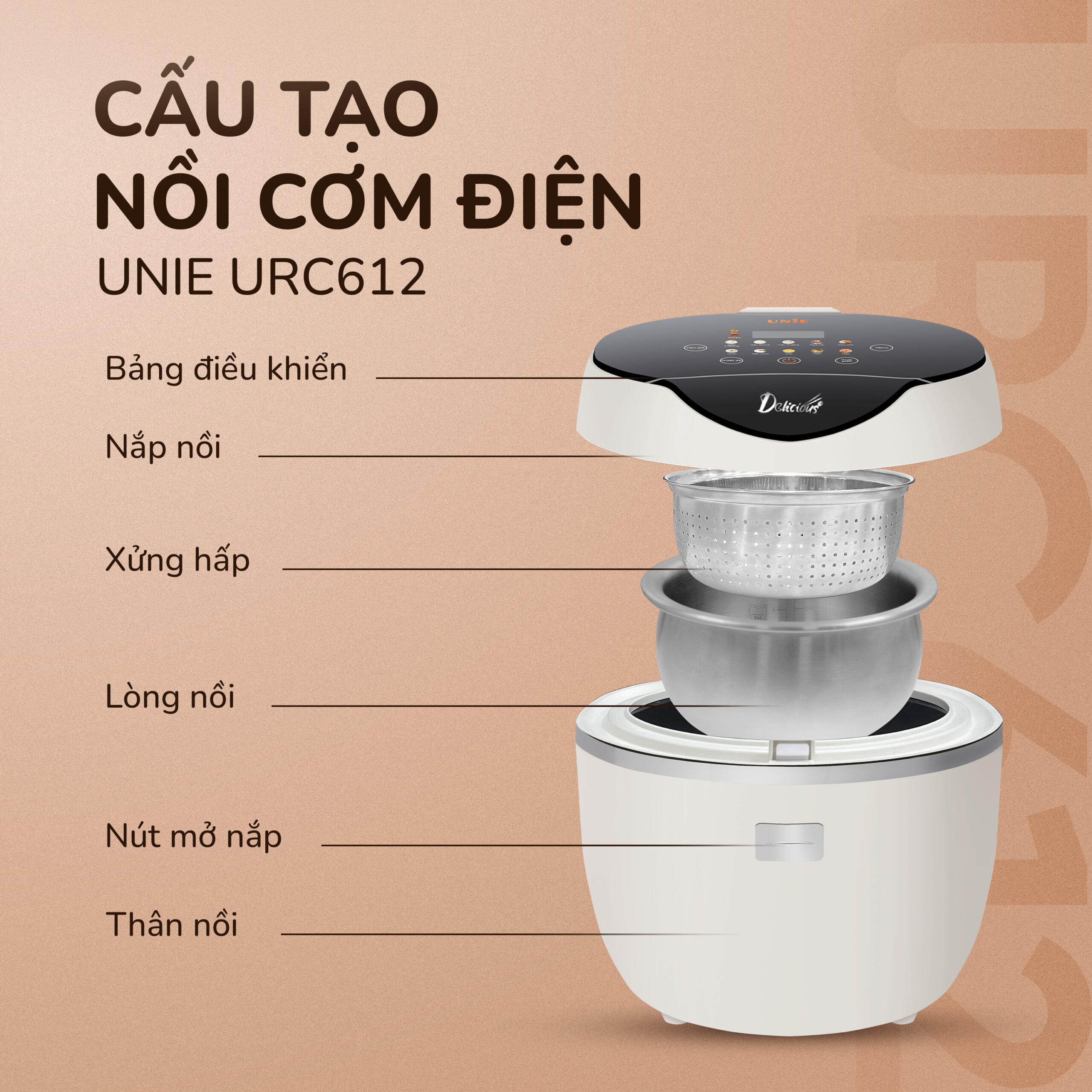 Nồi cơm điện tử UNIE URC612 , nấu cơm giảm đường, dung tích 1,2L - Ảnh 18