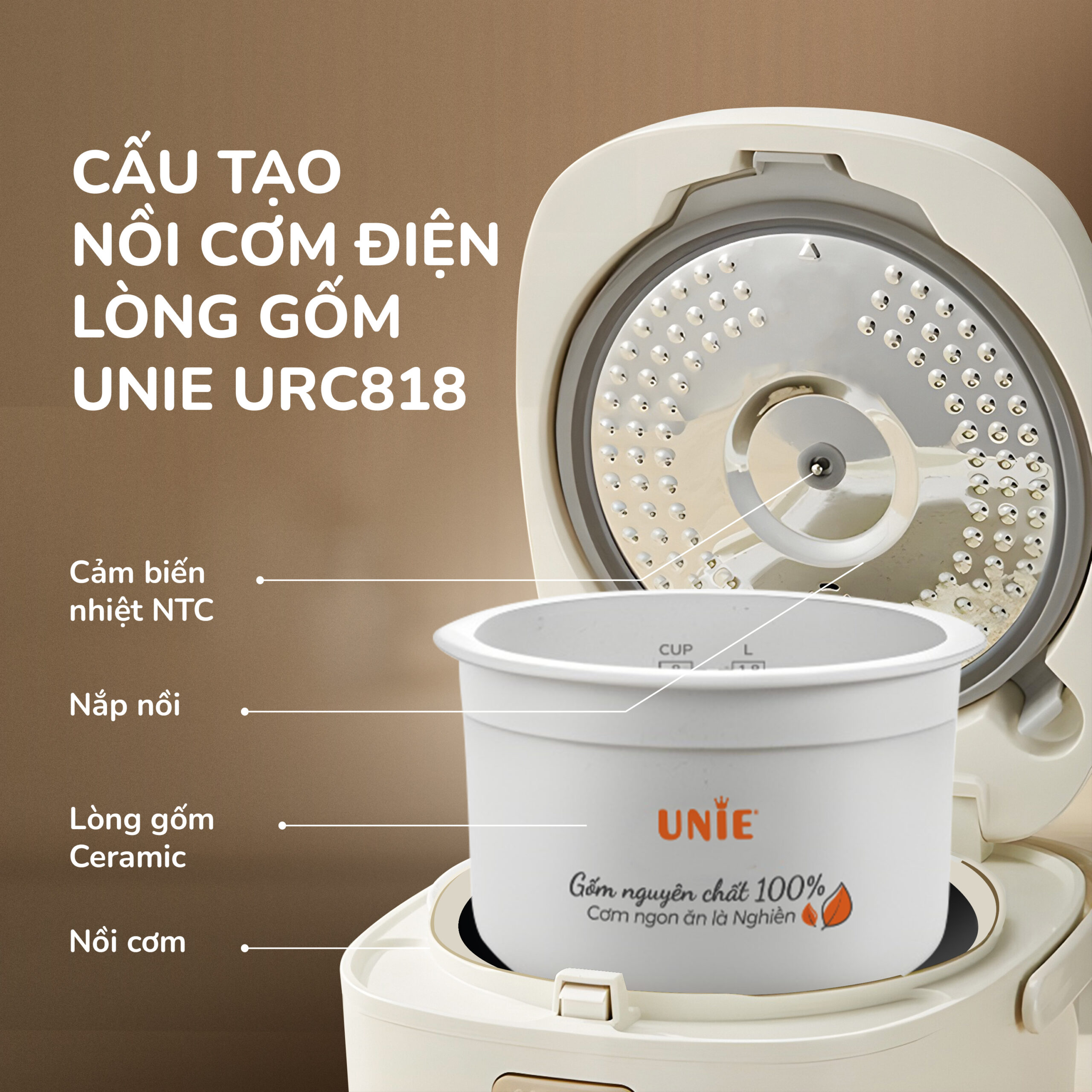 Nồi cơm điện lòng gốm cao cấp UNIE URC818, dung tích 1,8L - Ảnh 15