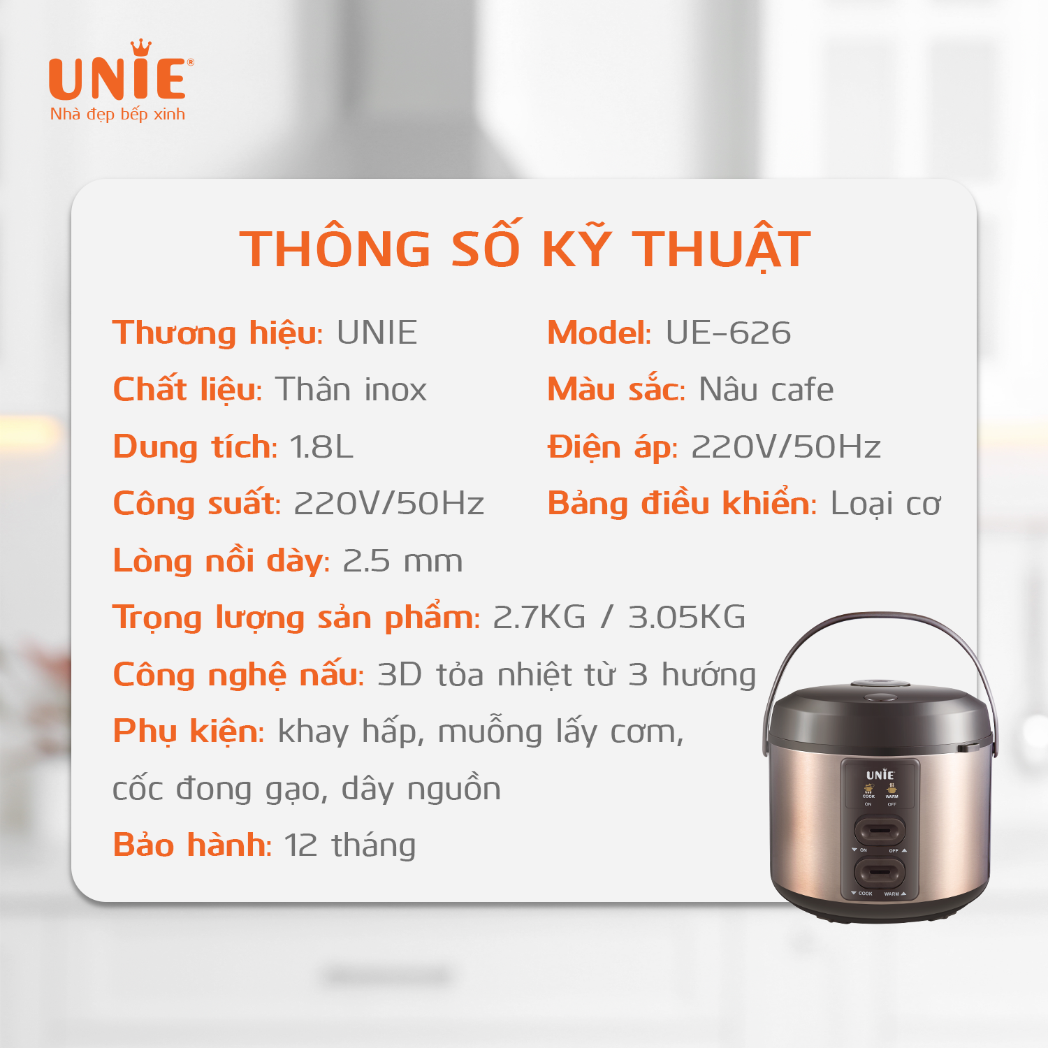 Nồi cơm điện UNIE UE-626 dung tích 1.8L, lòng nồi chống dính 5 lớp - Ảnh 8
