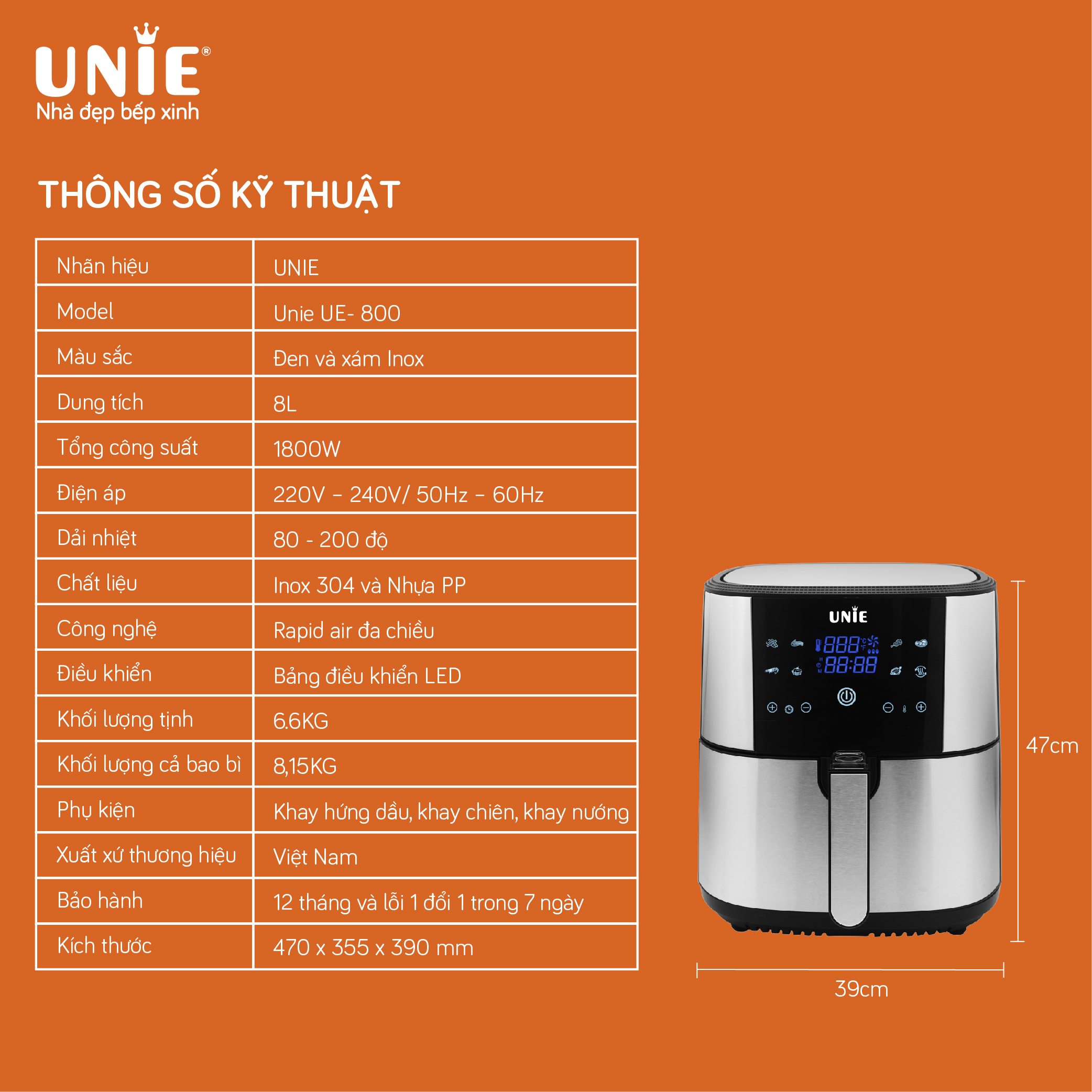 Nồi chiên không dầu UNIE UE-800 dung tích 8L, công nghệ Rapid air đa chiều - Ảnh 2