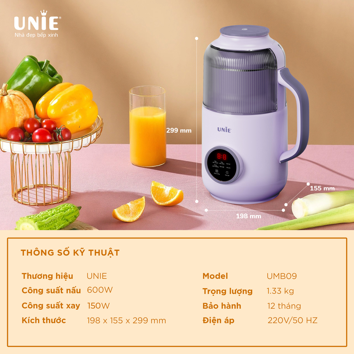 Máy làm sữa hạt UNIE UMB09, dung tích 800ml, 6 chức năng xay nấu - Ảnh 2